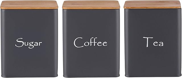 Home Bird Tea Coffee Sugar Canisters 3 Piece Square Kitchen Storage Container Set, Dark Grey Canisters, Metal Tins with Bamboo Lids