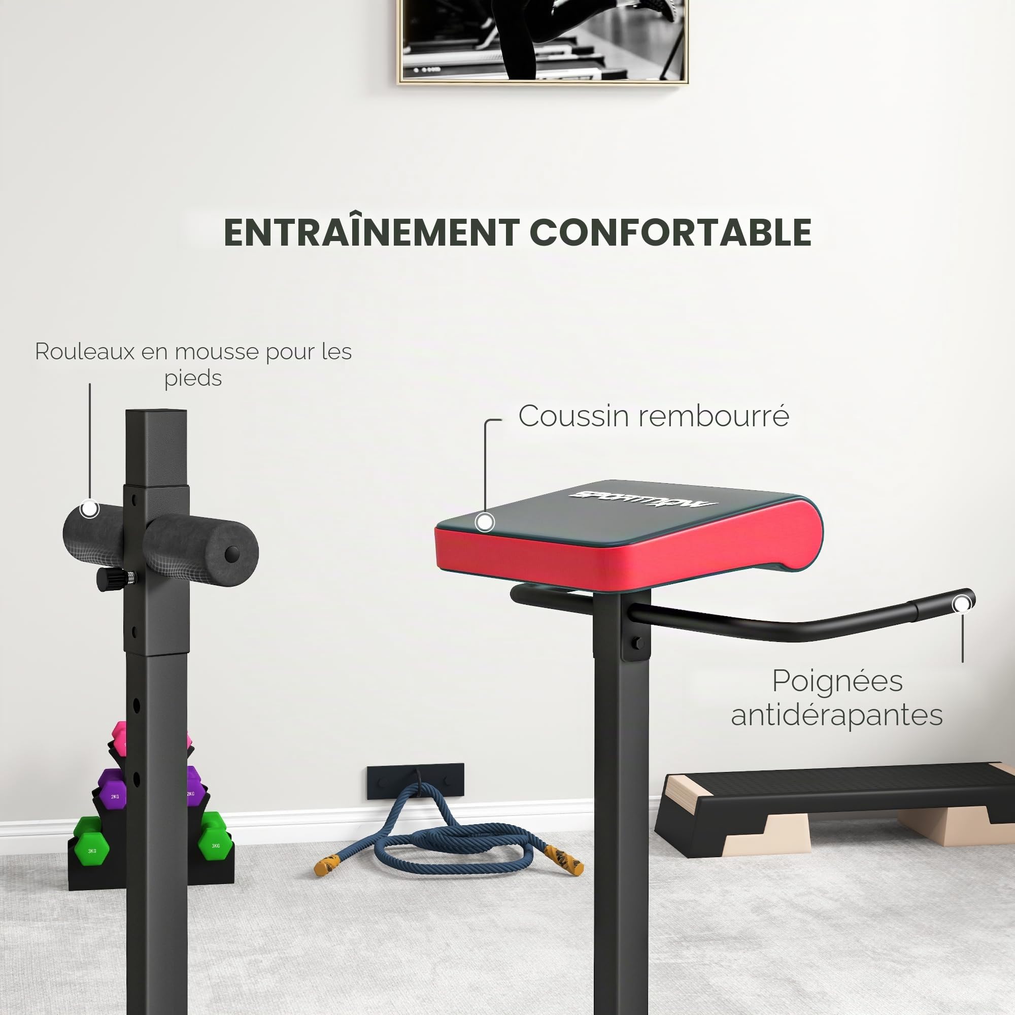 SPORTNOW Banc d'extension du dos, chaise romaine, banc d'hyperextension avec rouleau de jambes réglable pour entraînement du dos, des abdominaux et des fessiers