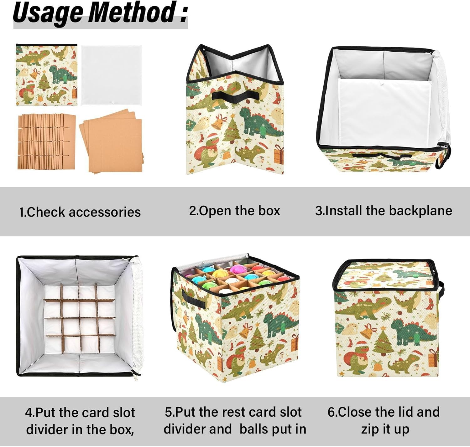 High Capacity Christmas ornament storage containers Holds Up to 64, Adjustable Dividers, Zippered Top, Two Handles Large Holiday Storage Case with Lid,Christmas Dino Cartoon