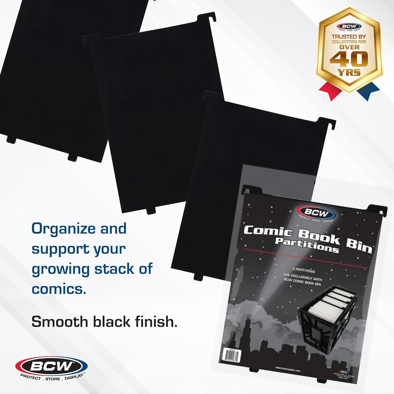 BCW Comic Bin Partitions | Exclusive Organizer for Short and Long Comic Book Bins | Notched, Tabbed, and Structurally Supportive Dividers (Black, 6 Pack)