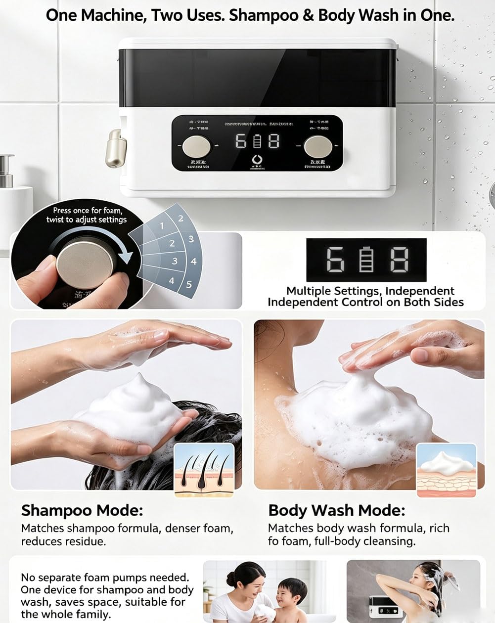 Dispensador de jabón espumoso para ducha, montaje en pared, recargable, boquilla ajustable, capacidad de 620 ml, impermeable para baño y hotel