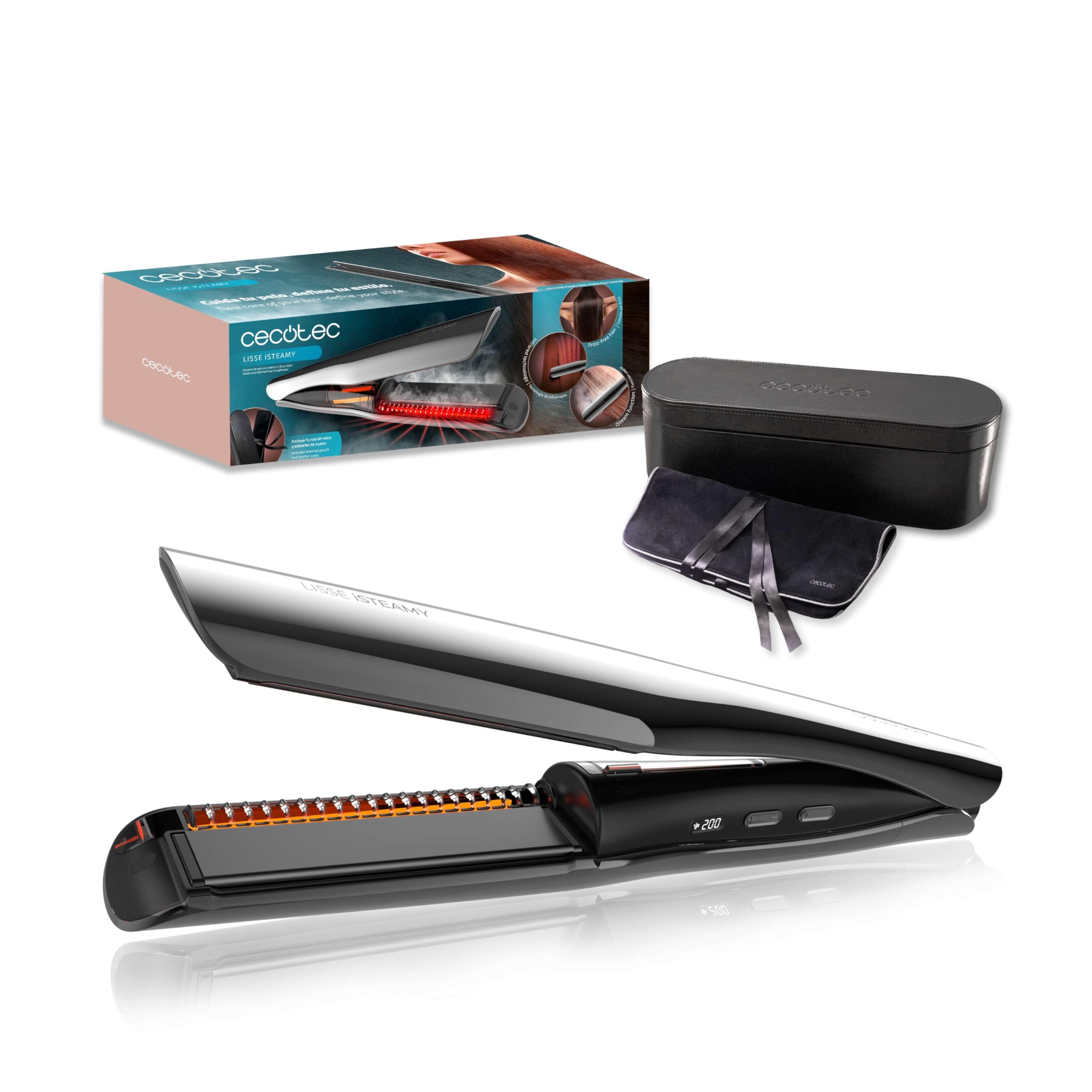 Cecotec Plancha de Pelo con Cable, Tecnología de Vapor e Infrarrojos Lisse iSteamy. 48W, Revestimiento de Cerámica y Queratina, Temperatura Regulable, Incluye Bolsa Térmica y Estuche de Cuero