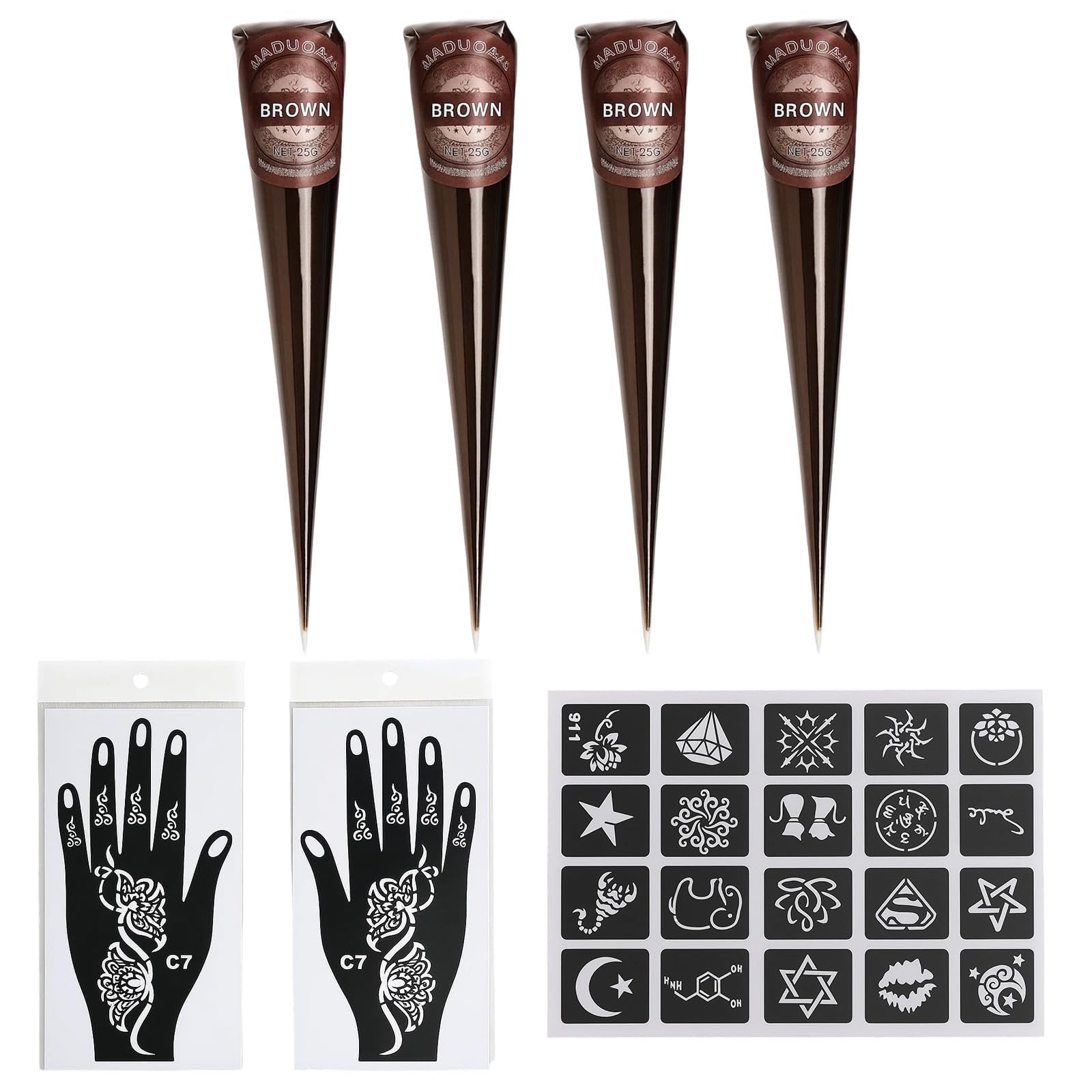 Henna Cones, 4-Piece Brown Henna Paste with 20 Stencils and Hand Templates, for Body Art Ready to Use for Festivals