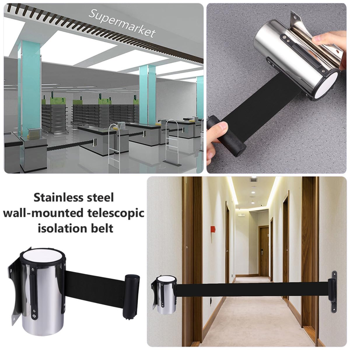 Barrera De Cinta Retráctil De Acero Inoxidable para Montaje En Pared: Sistema De Control De Multitudes Duradero con Correa Negra para Gestión De Eventos, Organización De Filas Y So