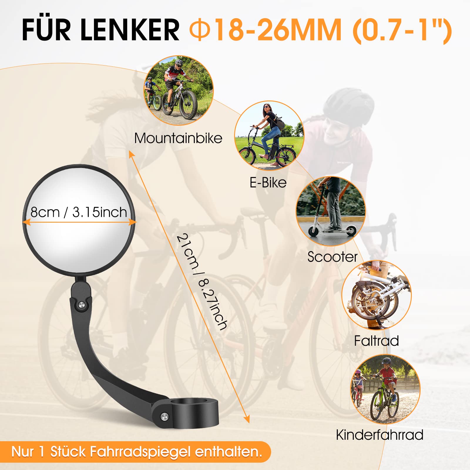 Lusterko rowerowe na kierownicę, 18-26 mm, HD obracane o 360 stopni, bezpieczne lusterko wsteczne, uniwersalne lusterko na kierownicę, do rowerów elektrycznych, MTB, wózków inwalidzkich,