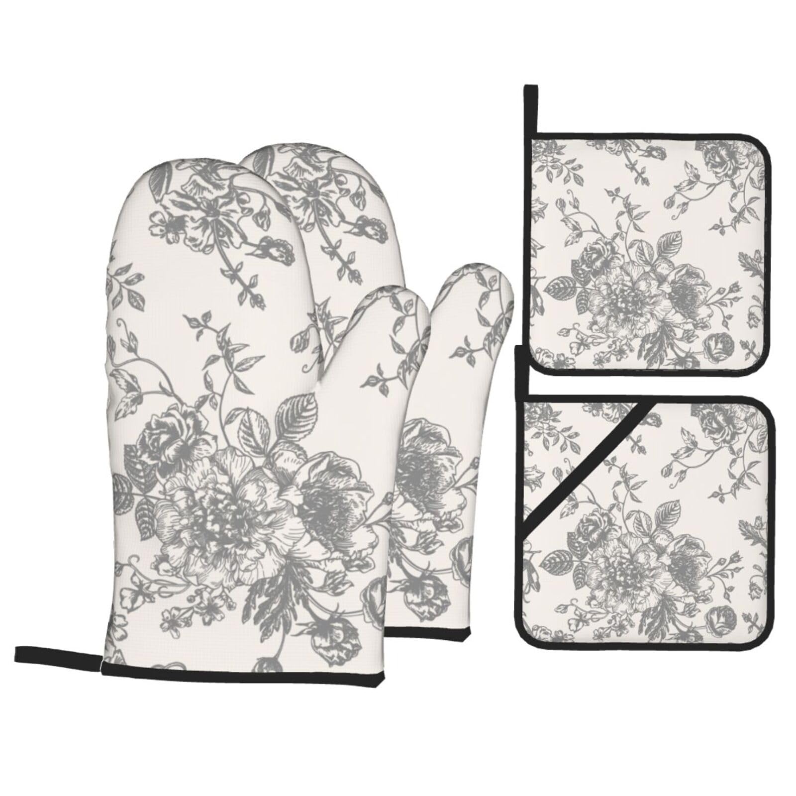 Vintage Floral Oven Mitts and Pot Holders Sets - Grey Floral Kitchen Mitts Potholders 4 Pack Heat Resistant Farmhouse Flower Oven Gloves Hot Pads for Kitchen Baking Grilling Party