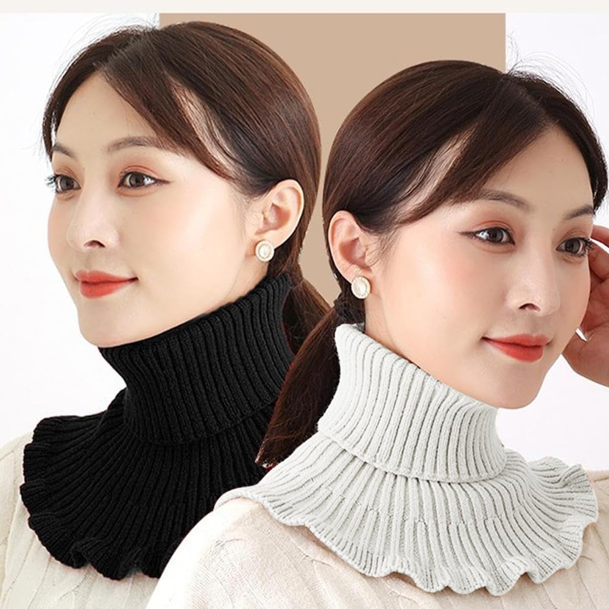 PALAY 2Pcs Knitted Fake Turtle Neck Collar for Women, Black & White 2