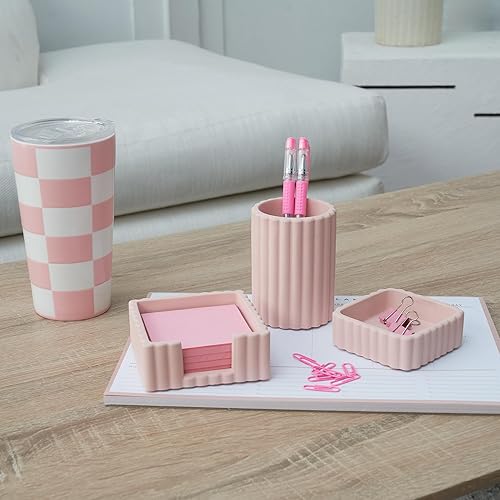Miniatura 6 de KIBAGA Juego de 3 accesorios de escritorio modernos y estéticos, elegantes organizadores de hormigón rosa para bolígrafos y suministros de oficina,