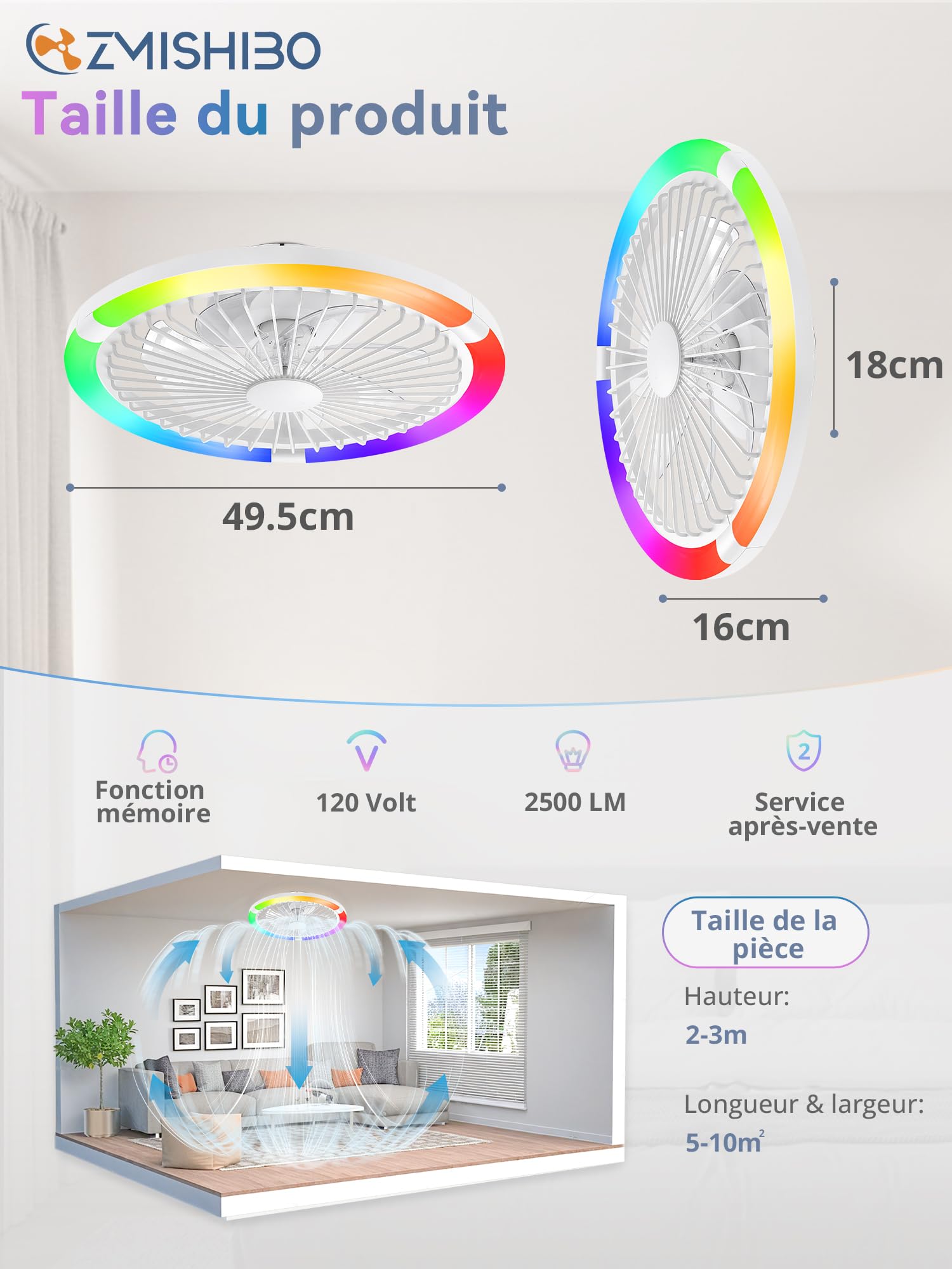 ZMISHIBO 50W Ventilateur de Plafond avec Lumière Ø50cm, 3 Couleurs, 6 Vitesses, Télécommande & Application, Mémoire, Luminosité Réglable 10-100%, Assemblage Requis (RGB)