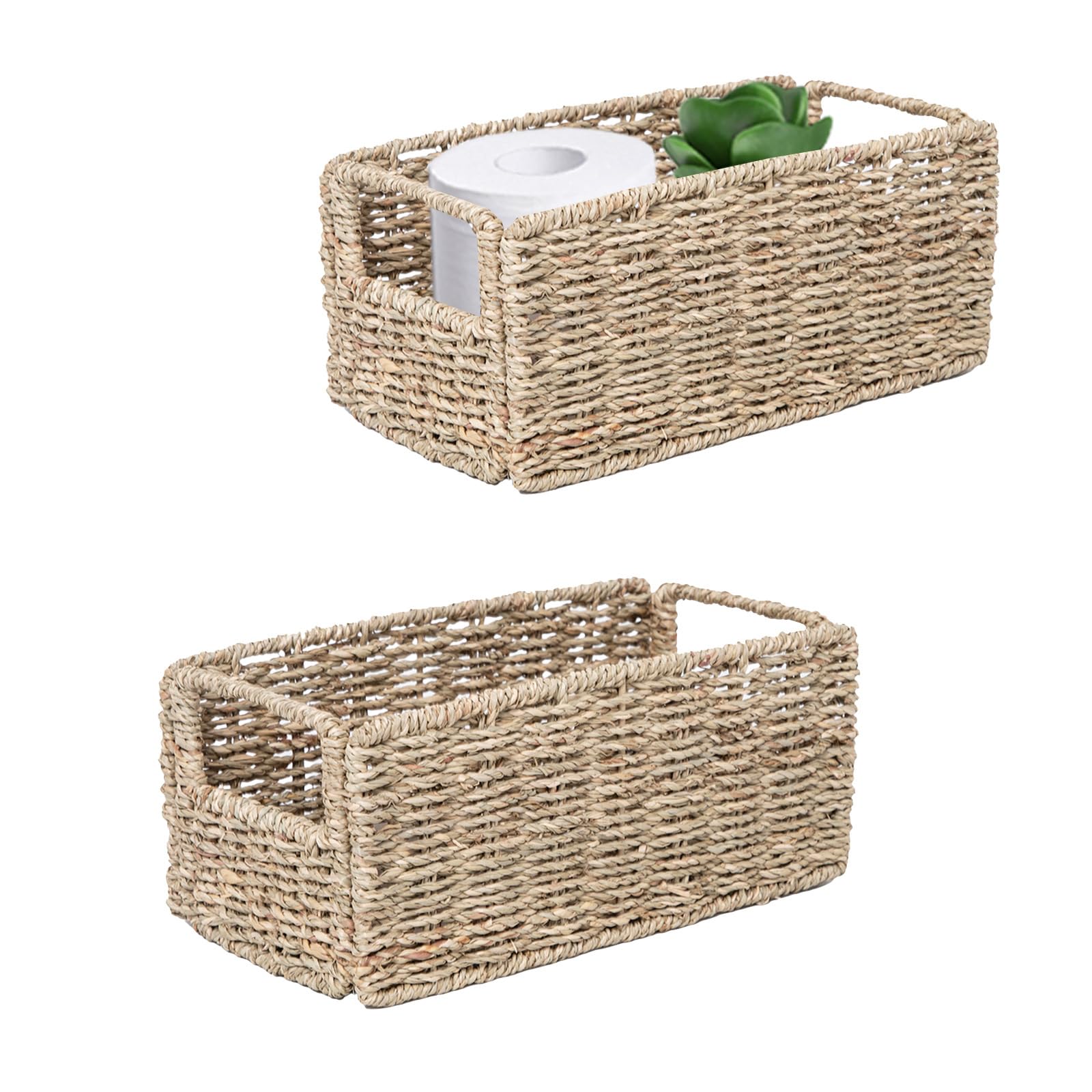 YRMT Small Seagrass Storage Basket Toilet Paper Baskets with Built-in Handles Bathroom Organizer Narrow Baskets for Organizing Toilet Tank 2 Pack (Seagrass)