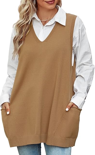 Niwicee Womens Sweater Vest Loose Knitted Sleeveless Jumpers Tank Top Knitwear V-Neck Vintage Knit Pullover Waistcoat with 2 Pockets