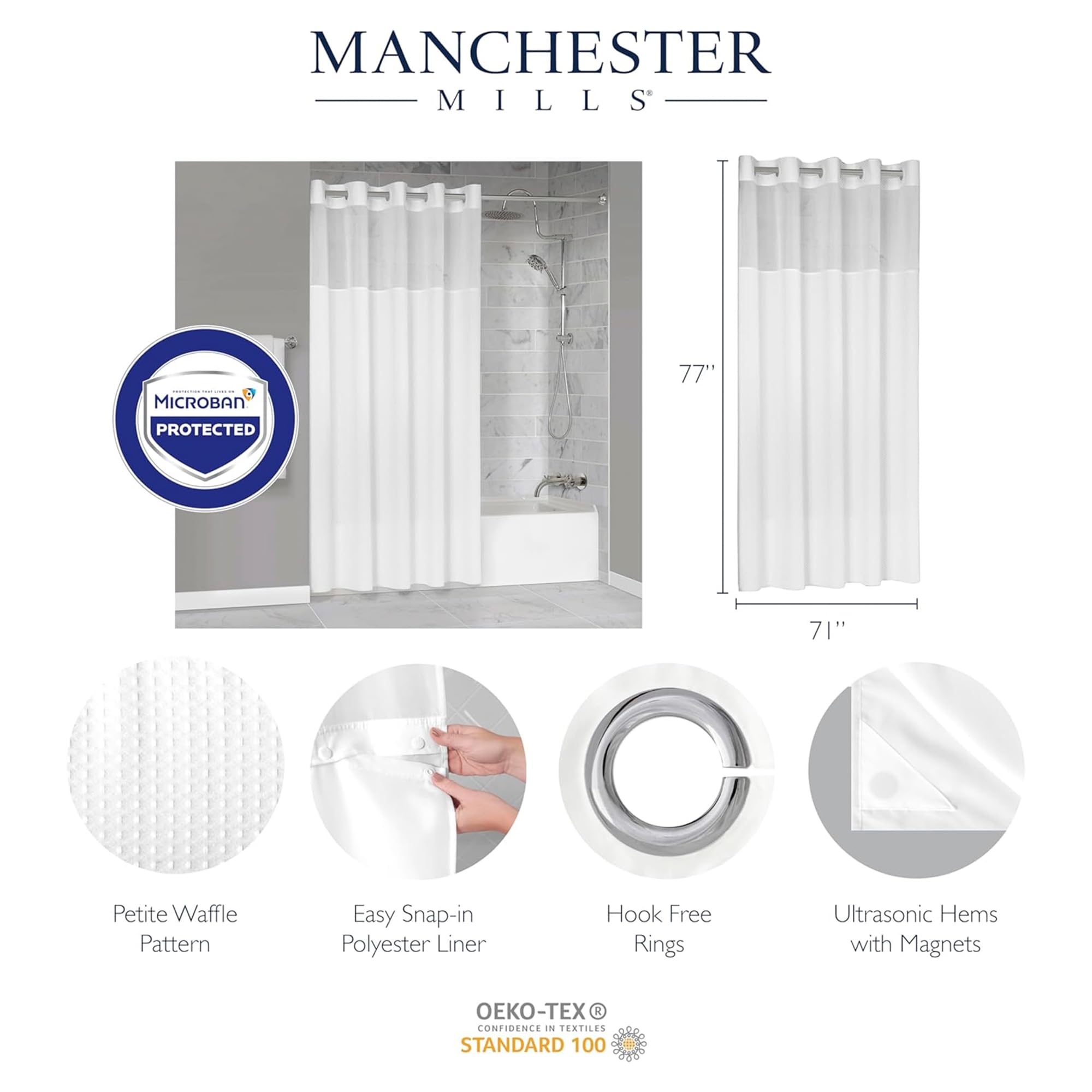 Manchester Mills Protect360 - Cortina de ducha sin gancho de gofre, protección de producto Microban, repelente al agua, forro a presión, dobladillo con imanes, 71 x 54 pulgadas, blanco, se encuentra