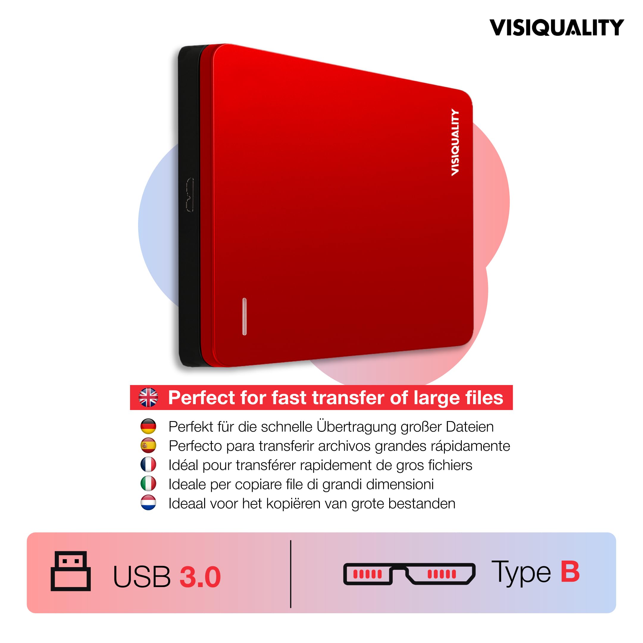 Schnelle Externe Festplatte, 1 TB, HDD, USB 3.0/C, kompatibel mit Plug & Play, Rot