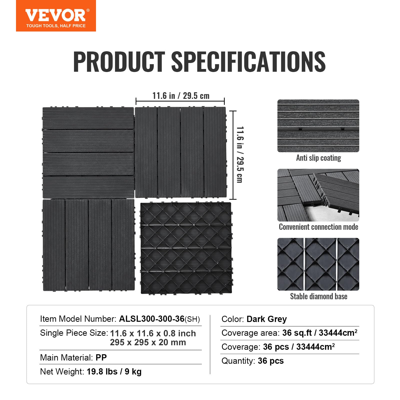 VEVOR Dalles de Terrasse Emboîtables, Lot de 36, Revêtement de Sol Plastique Imperméable, 300 x 300 mm, 33444 c㎡, Utilisation par Tous les Temps, pour Porche, Piscine, Balcon, Arrière-cour, Gris Foncé