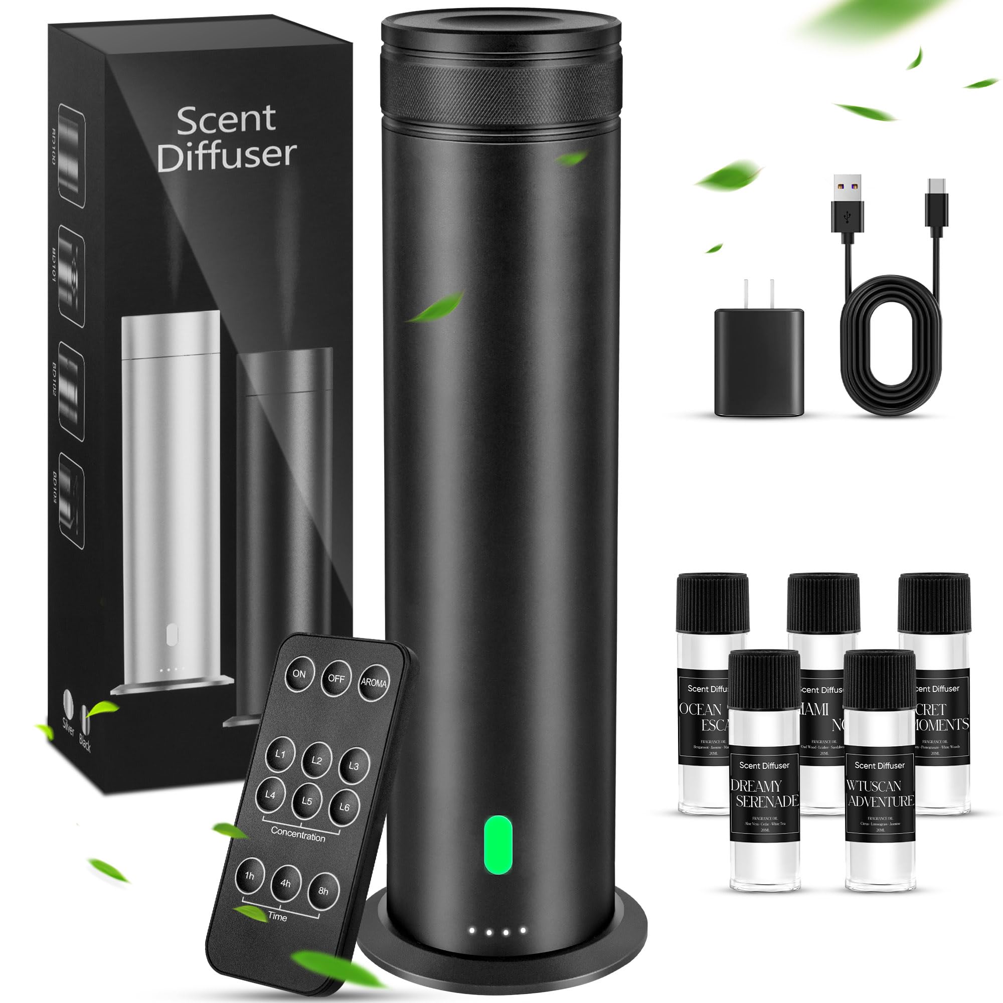 Waterless Scent Diffuser Starter Kit - Suitable for Home and Hotel Series Air Diffuser, 800 Square Inches of Coverage, 7 Kinds of Scented Essential Oils, Remote Control, Atomizer Core Black