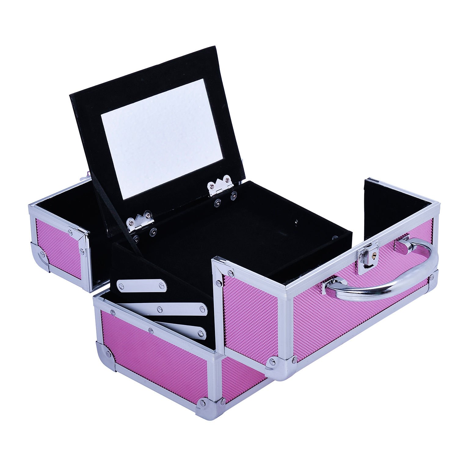 HOMCOM Maletín Maquillaje Profesional Portátil 20x15x15 cm Rosa | Estuche de Cosmético, Bandejas de 3 Niveles, Espejo, 2 Llaves, para Joyero, Manicura, Viaje