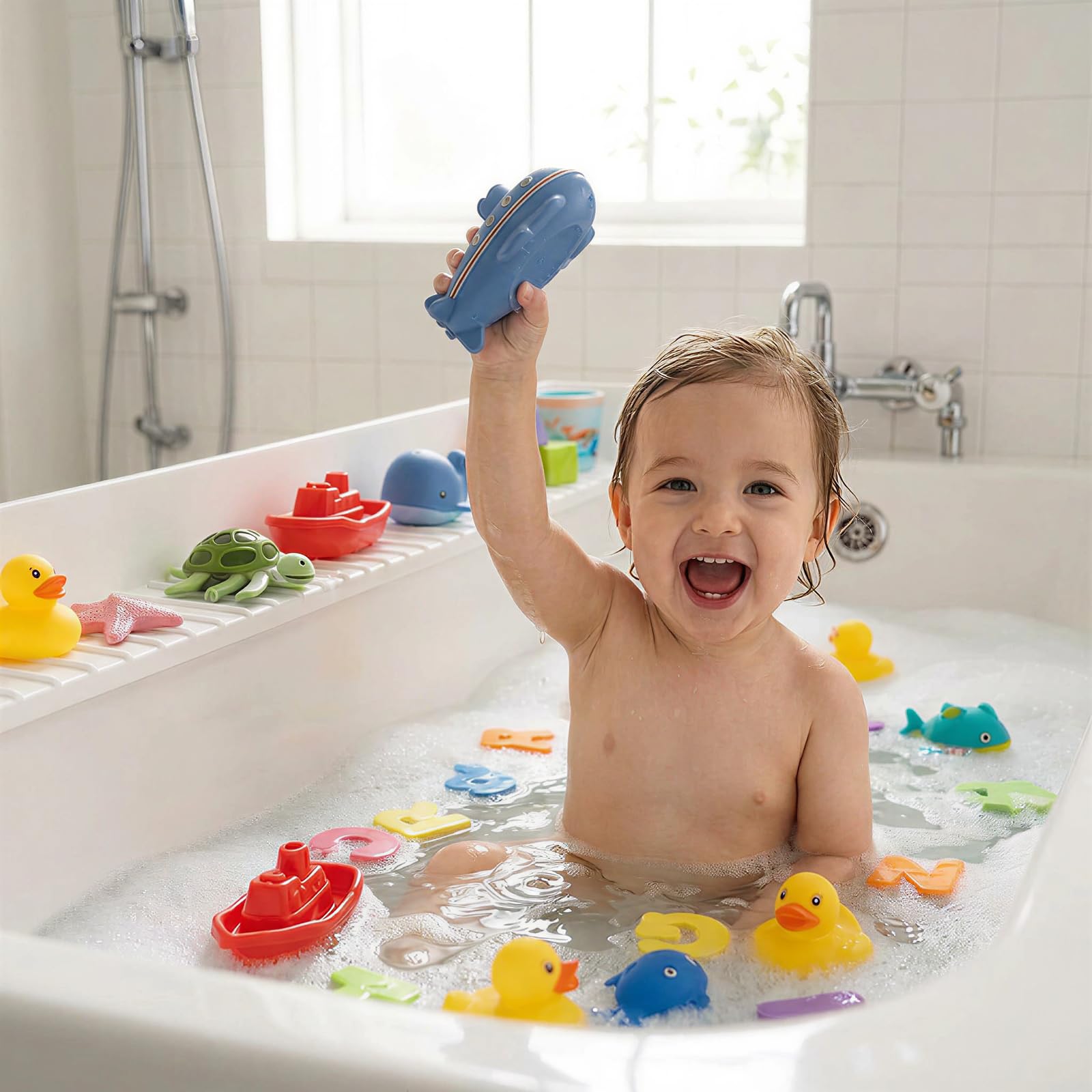 Sizobi Vasca da bagno in silicone bianco da 2,6 m, con forti ventose, vassoio portaoggetti per giocattoli sopra la vasca, previene fuoriuscite d'acqua e pavimenti disordinati, protezione per bordi