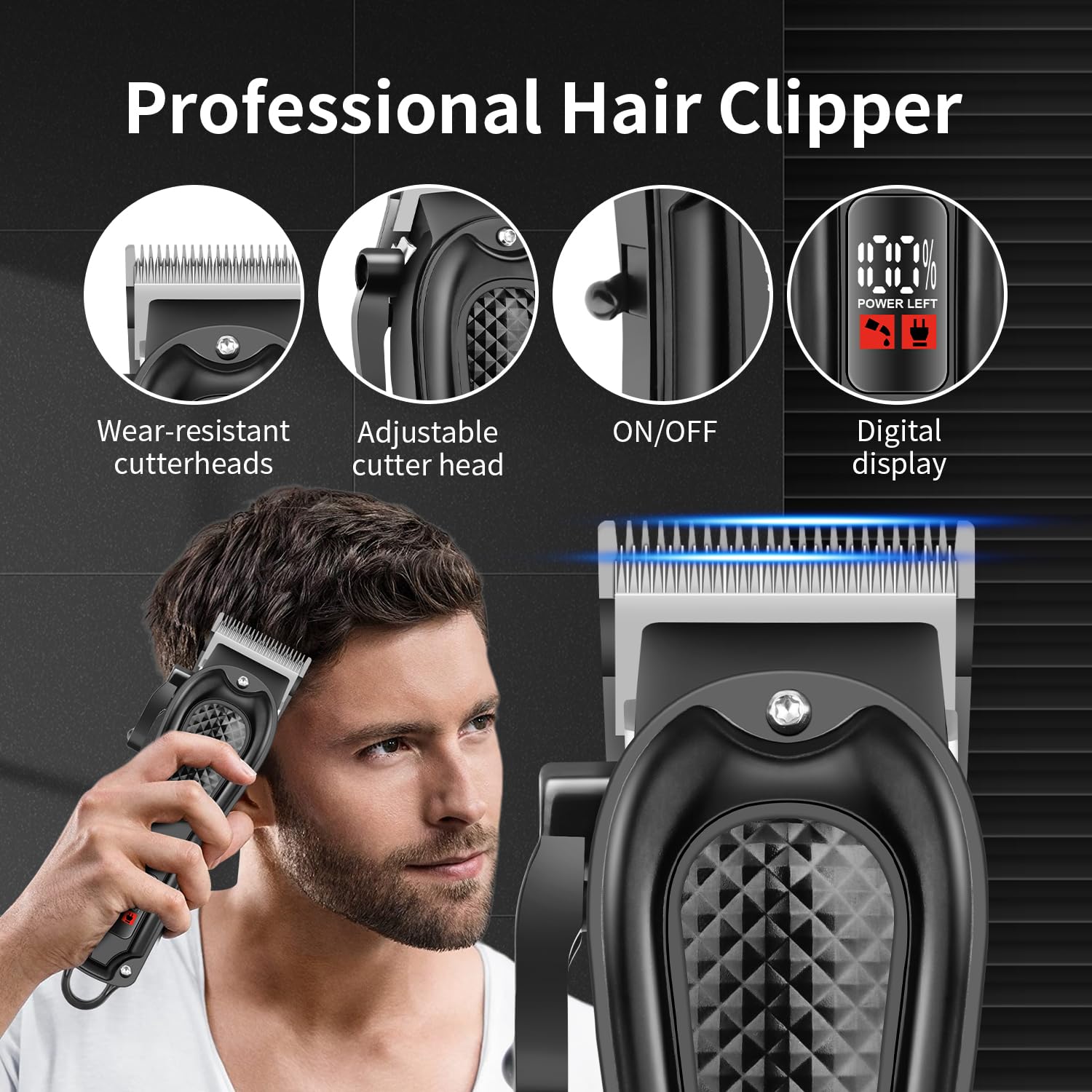 HIENA PRO Tondeuse à cheveux pour homme, sans fil, tondeuse à cheveux, tondeuse à barbe, rasoir à lames, kit complet de rasage et de coupe de cheveux électrique (3 pièces)