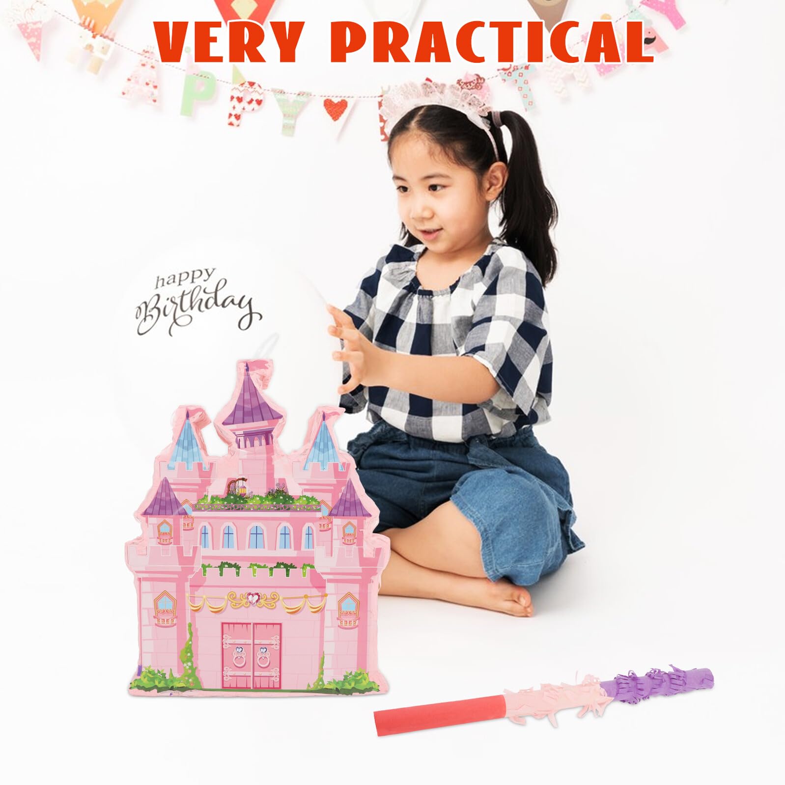 Piñata de Castillo Rosa para Cumpleaños Infantiles, Colgante Contenedor de Dulces, Incluye Palo para Romper y Venda, Decoración Temática para Fiesta de Niñas, Juego Divertido
