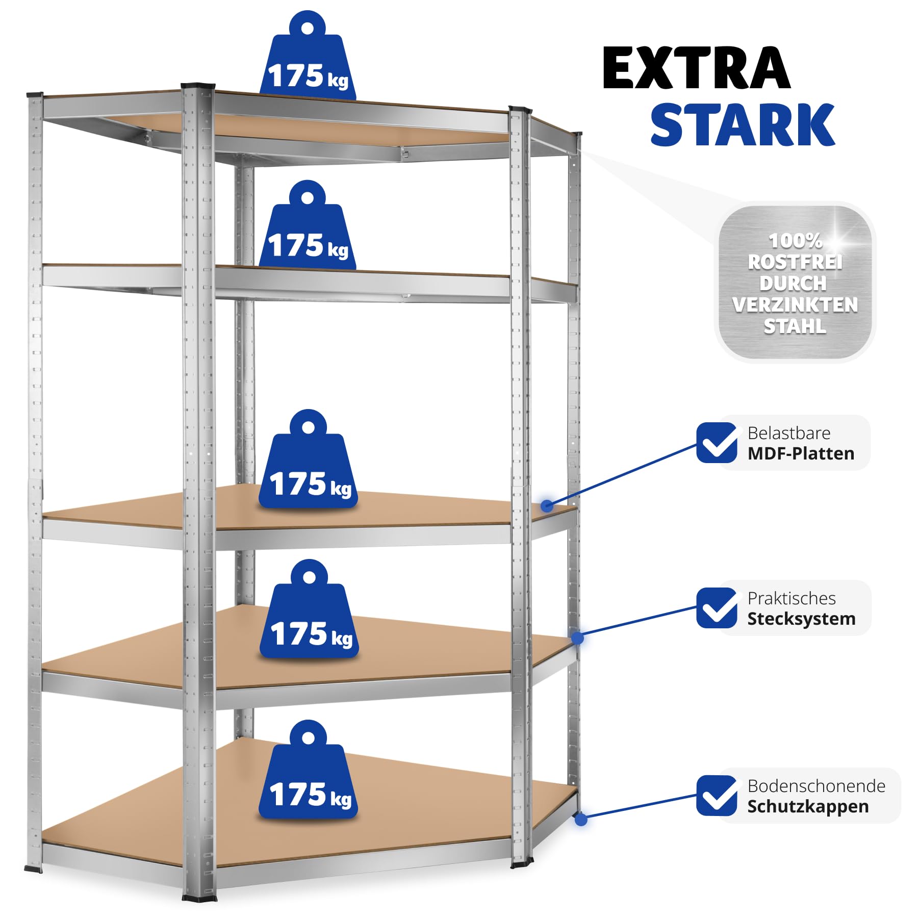 tectake® Werkstattregal, Schwerlastregal Eckregal mit 5 Böden, Metall Lagerregal, Kellerregal, Zubehör für Garage, Organizer für Abstellraum, Steckregal, für Aufbewahrung, Lastenregal - 875 kg
