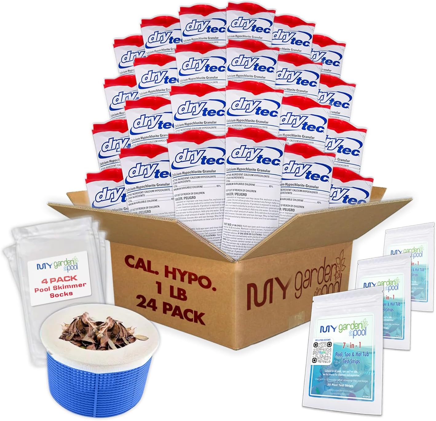 Drytec Calcium Hypochlorite Pool Shock 1 lb. 68% Bag, 24 Pack, Complete Pool Care Kit with My Garden Pool Skimmer Sock and 7-in-1 Test Strips, 60 ct. โ Powerful Chlorine Shock for Clear Swimming Water