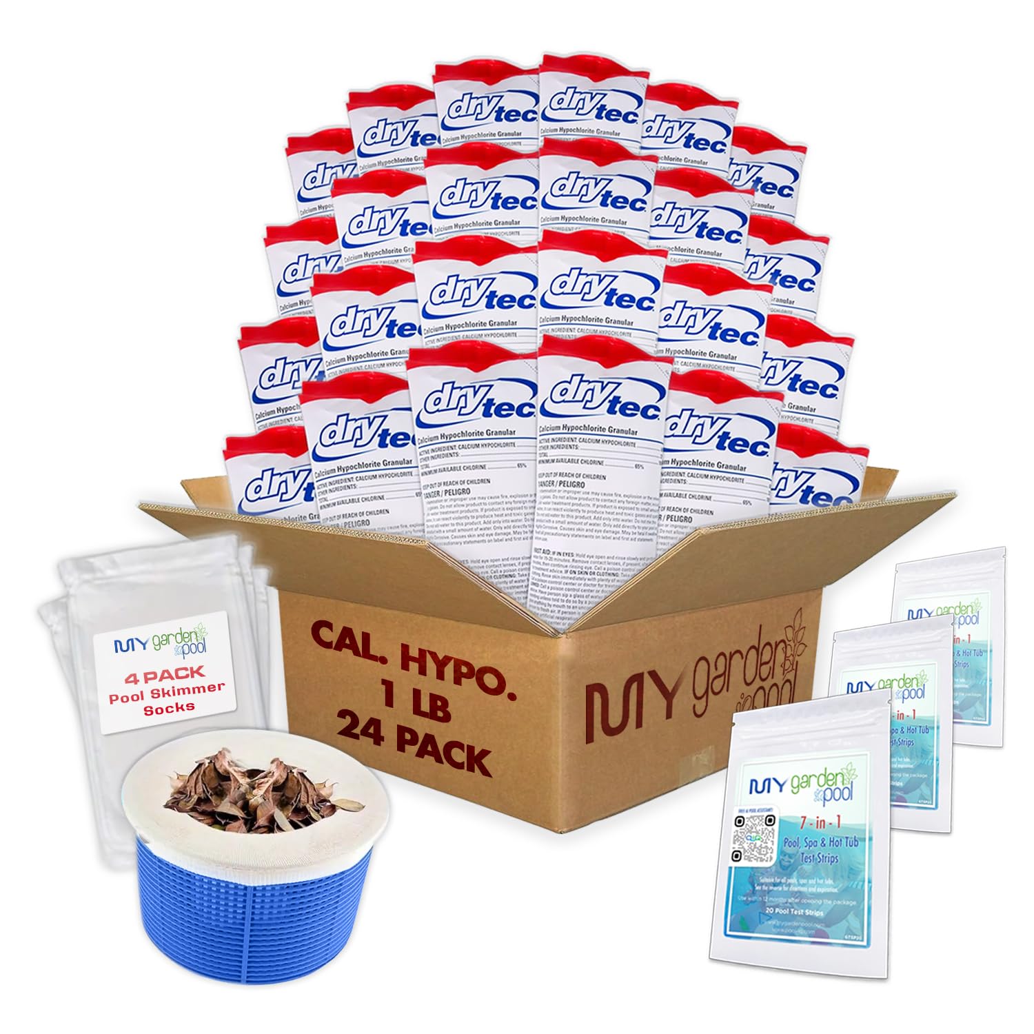 Drytec Calcium Hypochlorite Pool Shock 1 lb. 68% Bag, 24 Pack, Complete Pool Care Kit with My Garden Pool Skimmer Sock and 7-in-1 Test Strips, 60 ct. – Powerful Chlorine Shock for Clear Swimming Water
