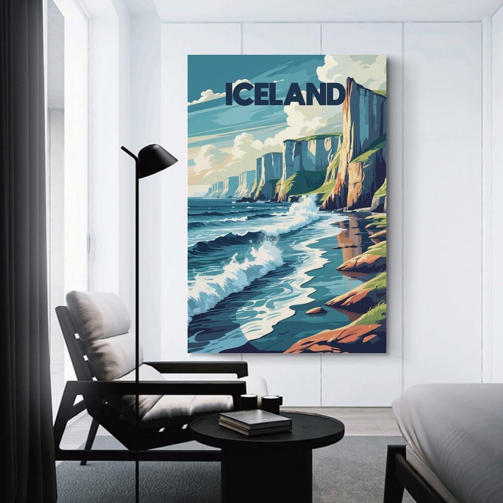 Junmoney Iceland Coastal Landscape Illustration Wall Picture Print 20x30inch(50x75cm), for Corridors, Hallways Or Apartment Entries, Decorative Canvas Styling for Entry Areas