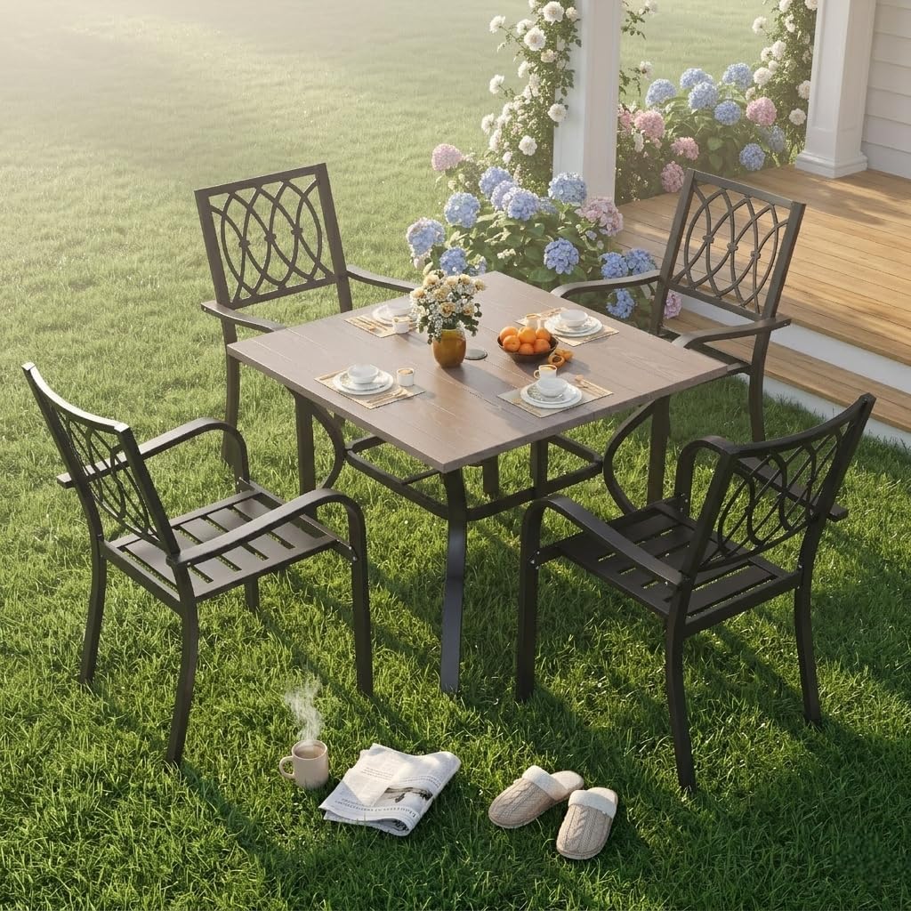 5-Piece Outdoor Patio Dining Set, 4 Metal Chairs with 350 lbs Capacity, 37.8" Square Wood-Grain Table with Umbrella Hole, Rustproof