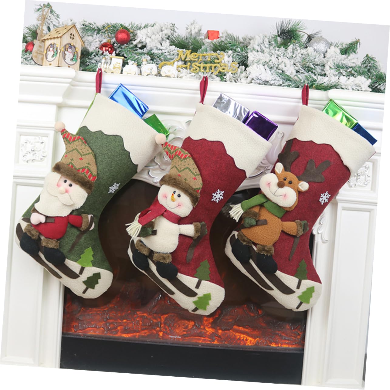 3stücke Weihnachtsstrümpfe Mit Schneemann Weihnachtsmann Und Elch Motiven Süßigkeitenstrümpfe Für Geschenke Und Snacks Bemalte Geschenktüte Als Hängedekoration Für Festivals Und He
