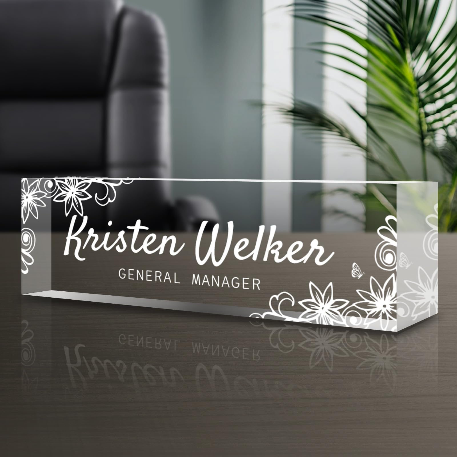 Personalized Name Plate for Desk - Custom Engraved Name Plates for Man - Boss Day Gifts for Boss - Acrylic Office Decor Appreciation Gifts for Teacher Nurse Coworker Social Worker (White Garden)