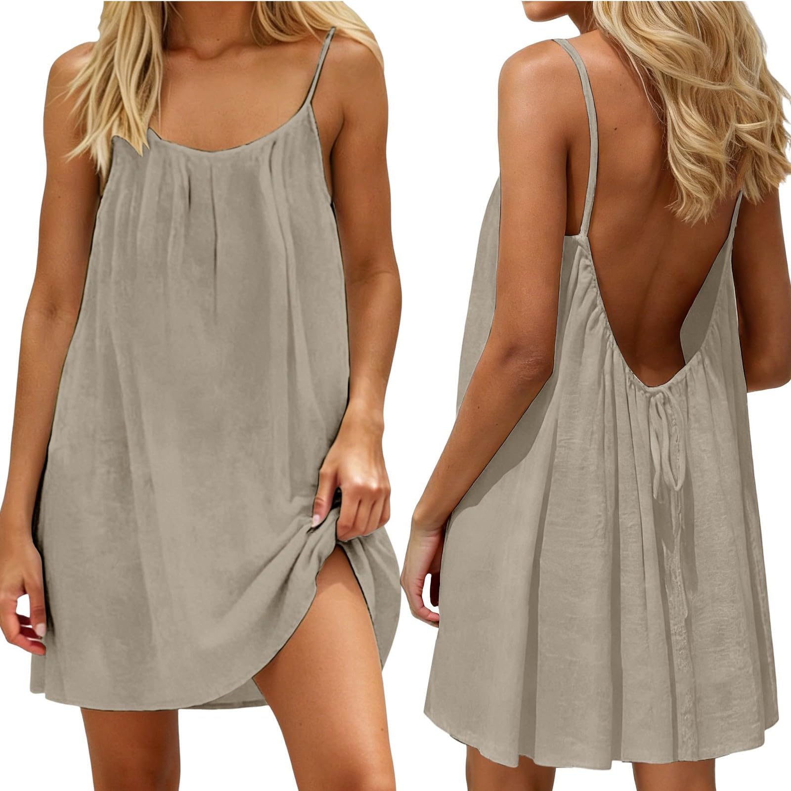 Summer Dresses for Women UK Solid Plain Round Neck Backless Knee-Length Dresses Loungewear Loose Sundress