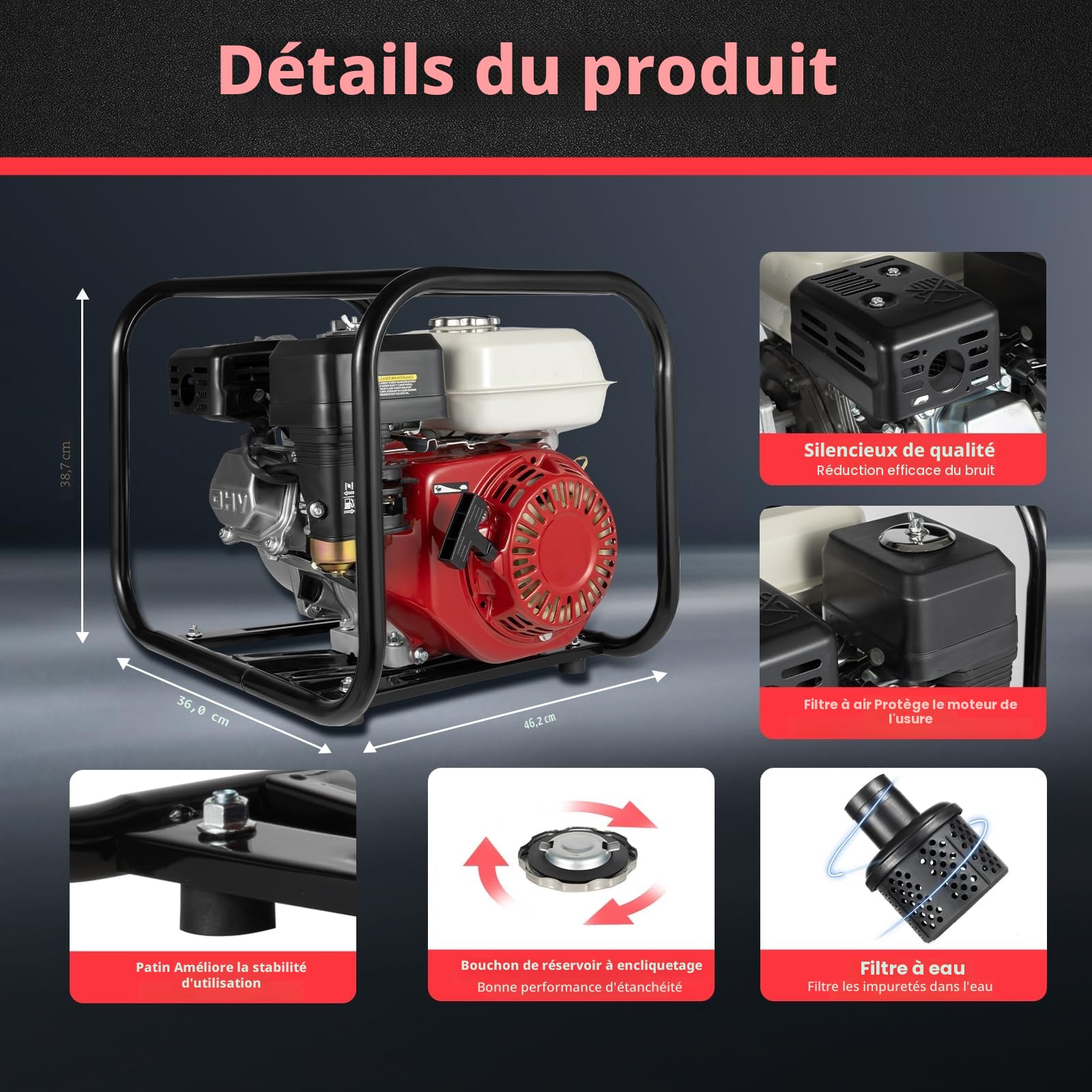 Pompe à eau 4 temps 210 cc 3600 tr/min Débit max 36 m³/h Jardin Terres agricoles, vergers et potagers