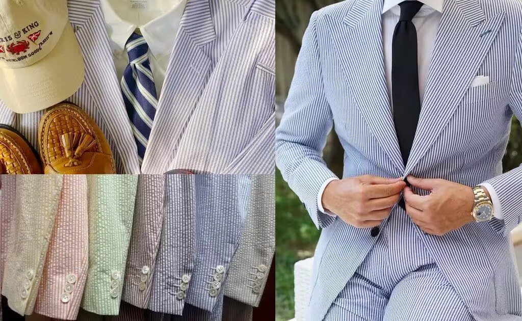 HUUTOE Mens 2 Piece Seersucker Prom Suit Leisure Sear Sucker Suit for Men White Summer Beach Wedding