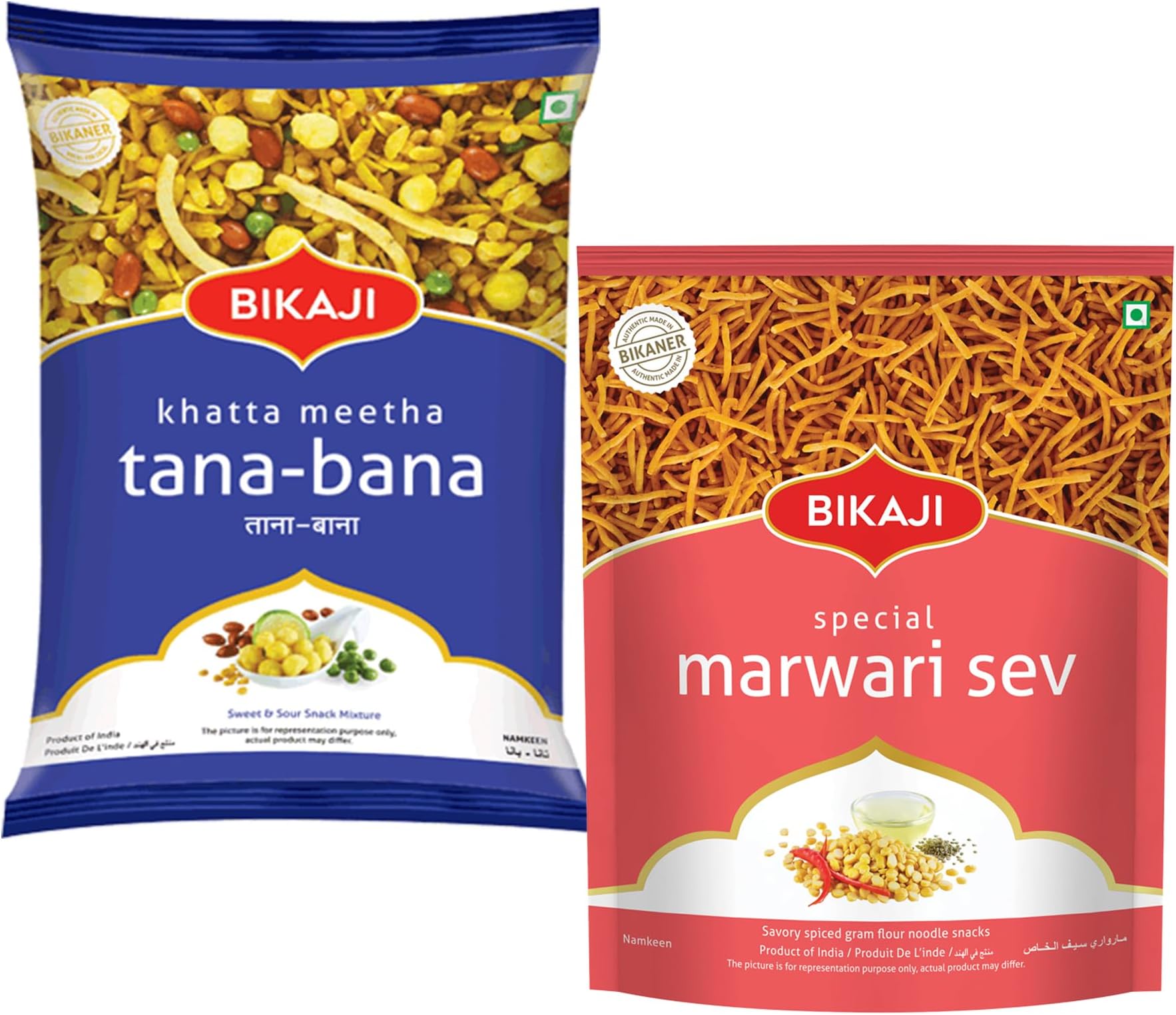 Bikaji Marvadi Sev 400G & Tana Bana Khatta Meetha 1Kg Combo | Ready to Eat Crunchy Indian Namkeen | Tea-Time Munchies, Bar Snack & Party Mix | Authentic Bikaneri Snack Pack for Sharing & Everyday Snac