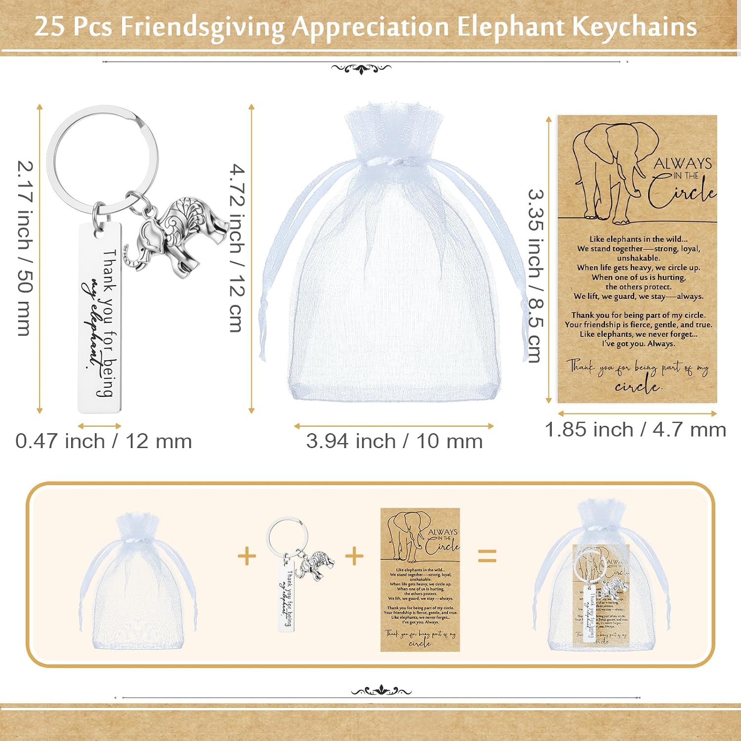 Huquary 25 Sets Elephant Gifts for Women Sisterhood Gifts Elephant Keychain with Cards Bags Friendship Group Best Friend Keychain Appreciation for Valentine Party Favors BFF