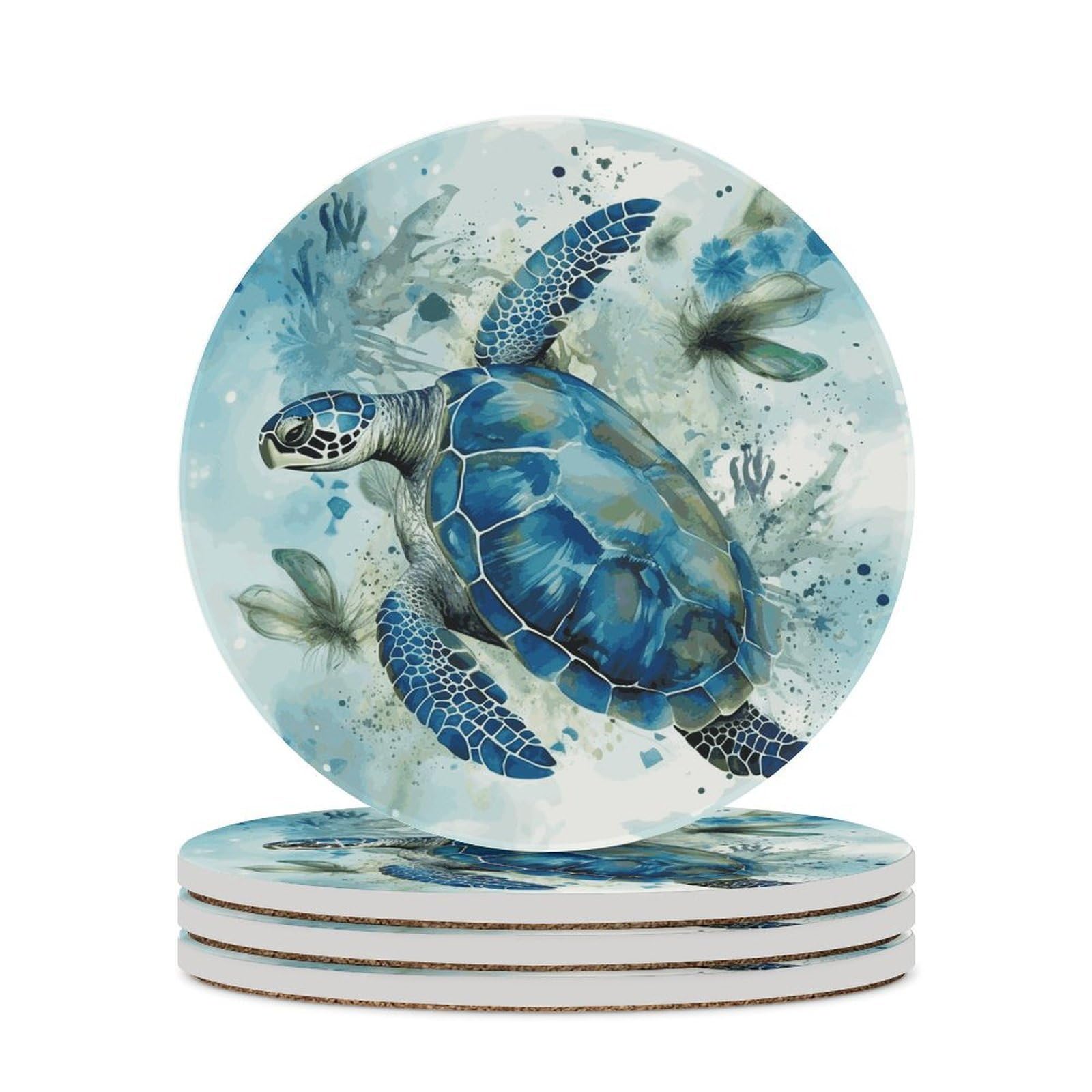 Sea Turtle-Blue Coaster with Cork Base Drink Coasters for Coffee Table Decor Modern Cup Coasters with Non-Slip & Heat-Resistant Cute Ceramic Table Coaster for Home Dining