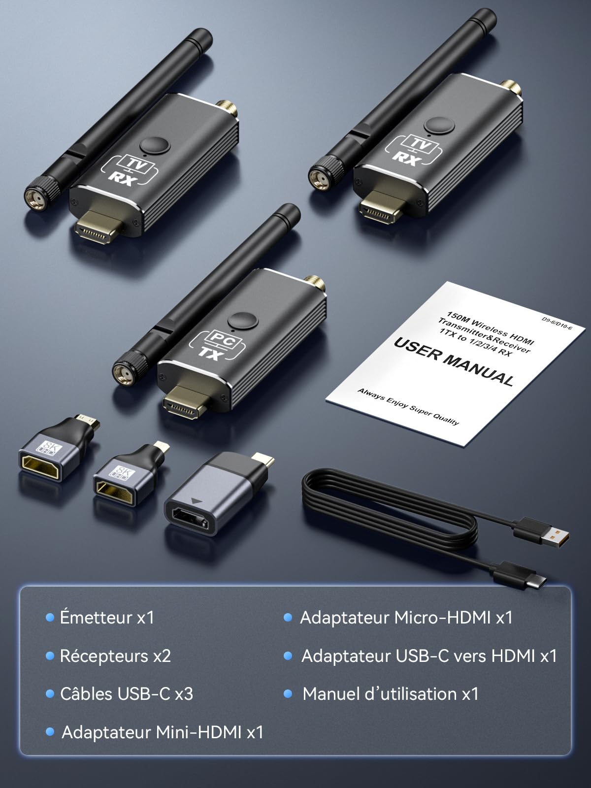 Kit Émetteur et Récepteur HDMI sans Fil Moman, 1 Émetteur + 2 Récepteurs, Entrée 4K vers Sortie HD 1080P pour Vidéo et Audio,150 m Portable, Plug & Play pour PC/Projecteur/Box TV/Ordinateur Portable
