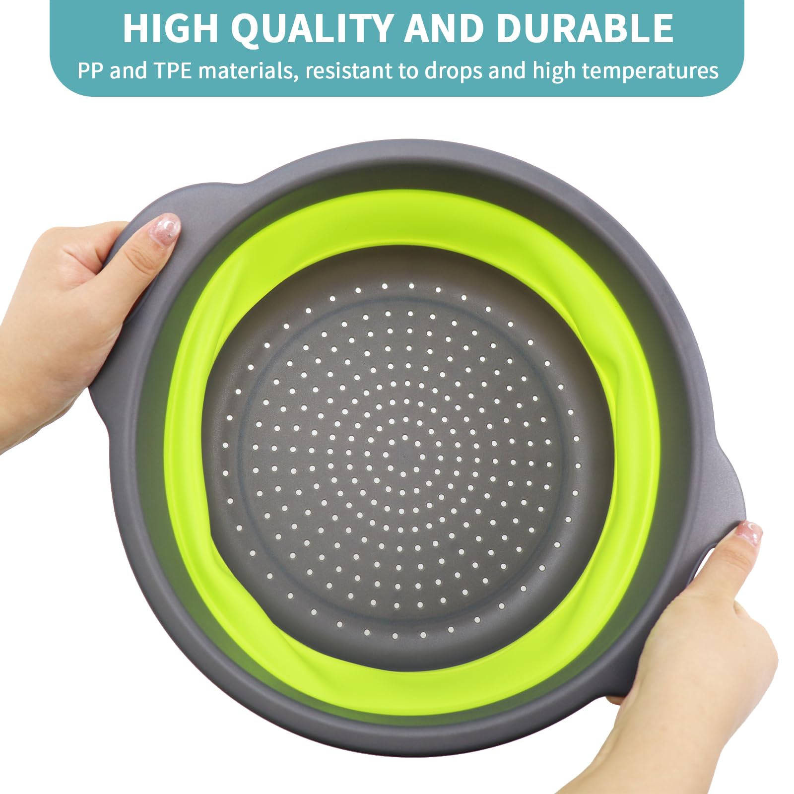 Paquete de 3 coladores con asas, coladores redondos plegables de 3 tamaños para drenar pasta, verduras y frutas, cesta de drenaje plegable para cocina y uso de viaje