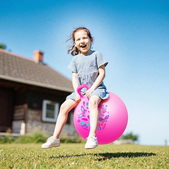 INPODAK 18inch Space Hoppers for Kids Age 3-8 Pink Butterfly Hopper Ball | Anti-Slip Space Hopper with Handle Inflatable Bouncy Ball with Pump Indoor Outdoor Garden Jumping Toys Boys Girls Gifts