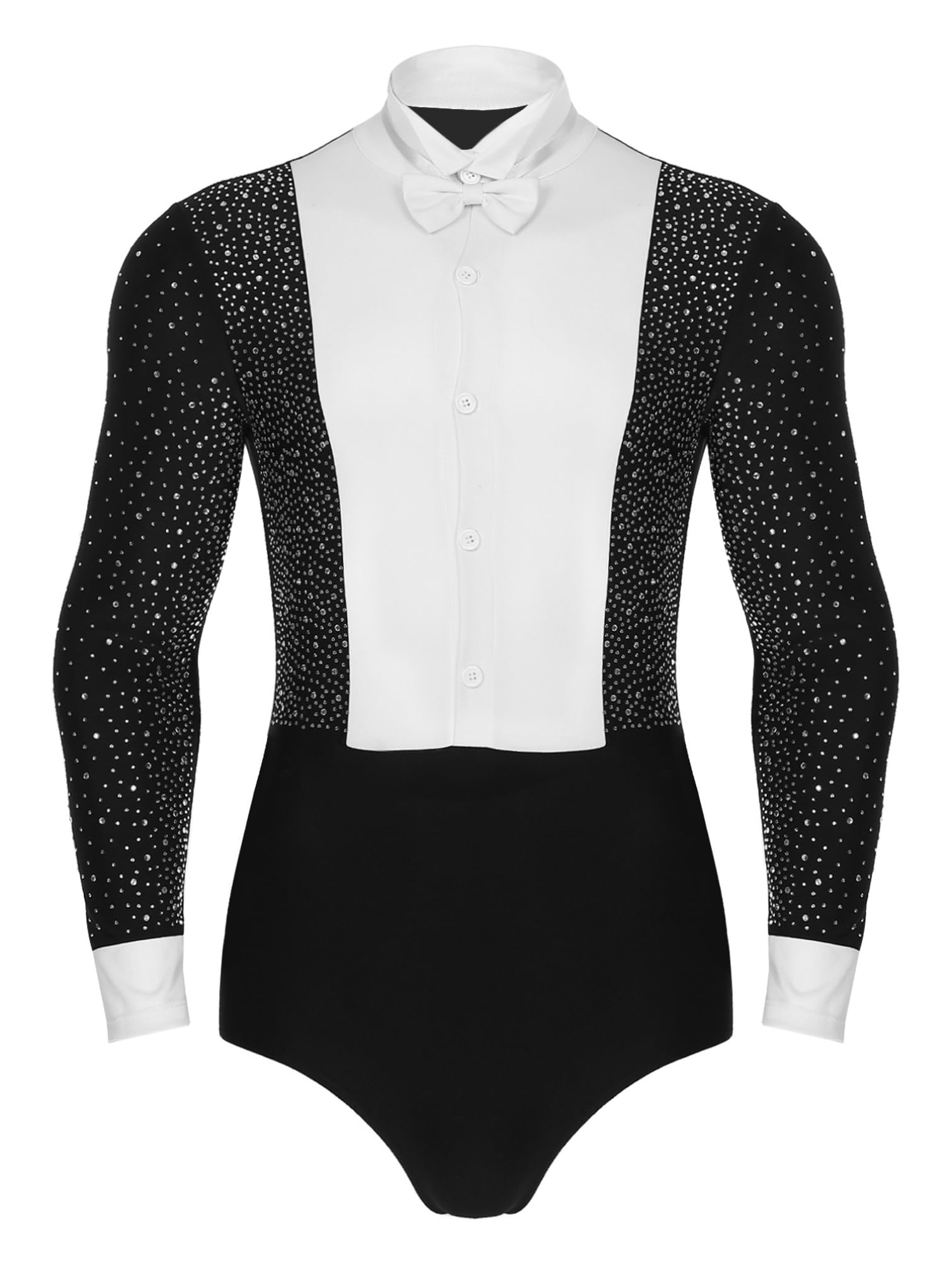 YiZYiFMen's Rhinestones Latin Dance Shirt Ballroom Leotard Long Sleeve Figure Skating Performance Dancewear