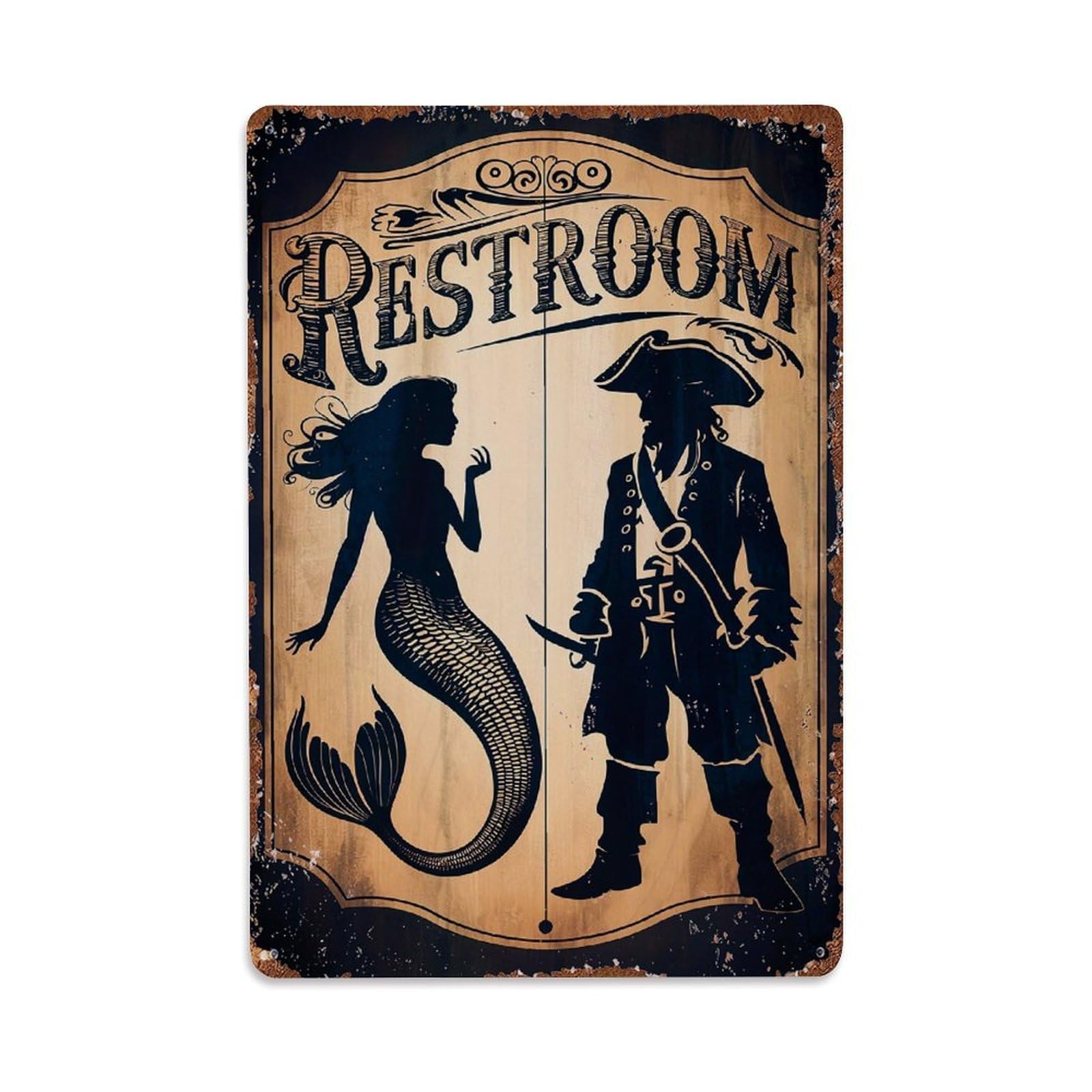 Mermaid Pirate Restroom Sign Art Retro Metal Tin Sign, Vintage Decor Art Poster for Bar, Home, Man Cave, Kitchen, Laundry Room Gift 8x12Inch