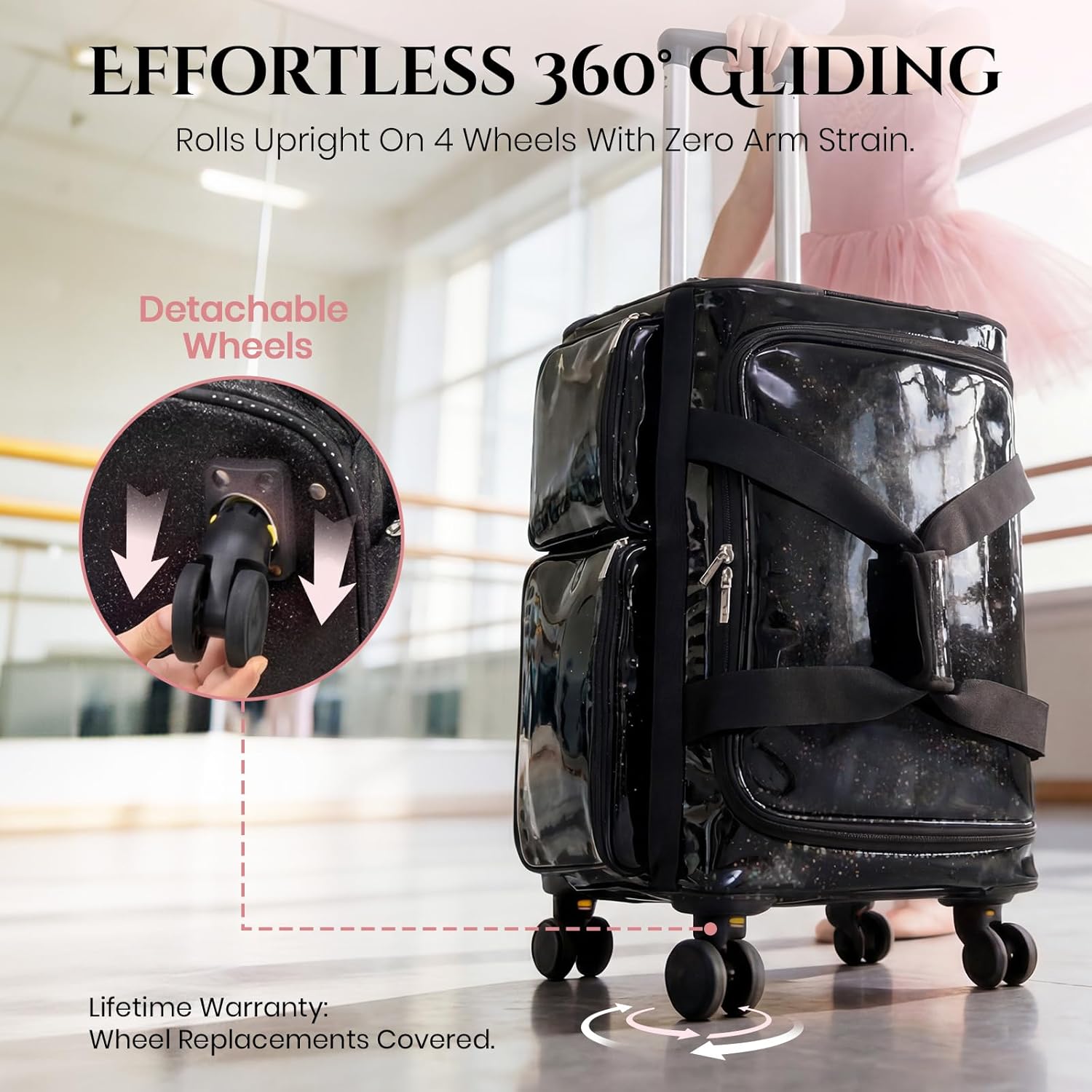 Fanwoli 23" Rolling Dance Duffel Bag with Garment Rack | Detachable 4-Spinner Wheels | Waterproof Glitter Fabric | Competition Travel Luggage for Cheerleader, Skating, Gymnast & Sleepover | Black