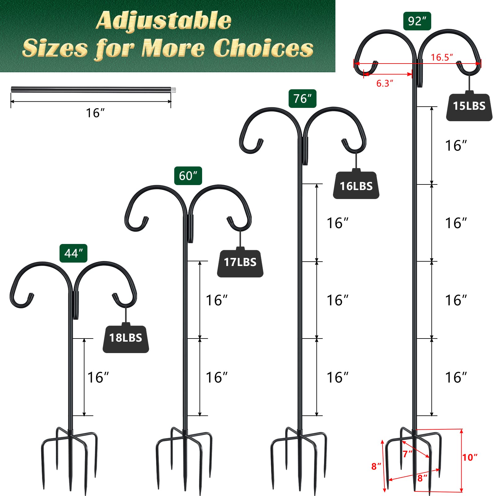 Gtongoko 92 Inch 2 Pack Adjustable Double Shepherd Hook for Outdoor