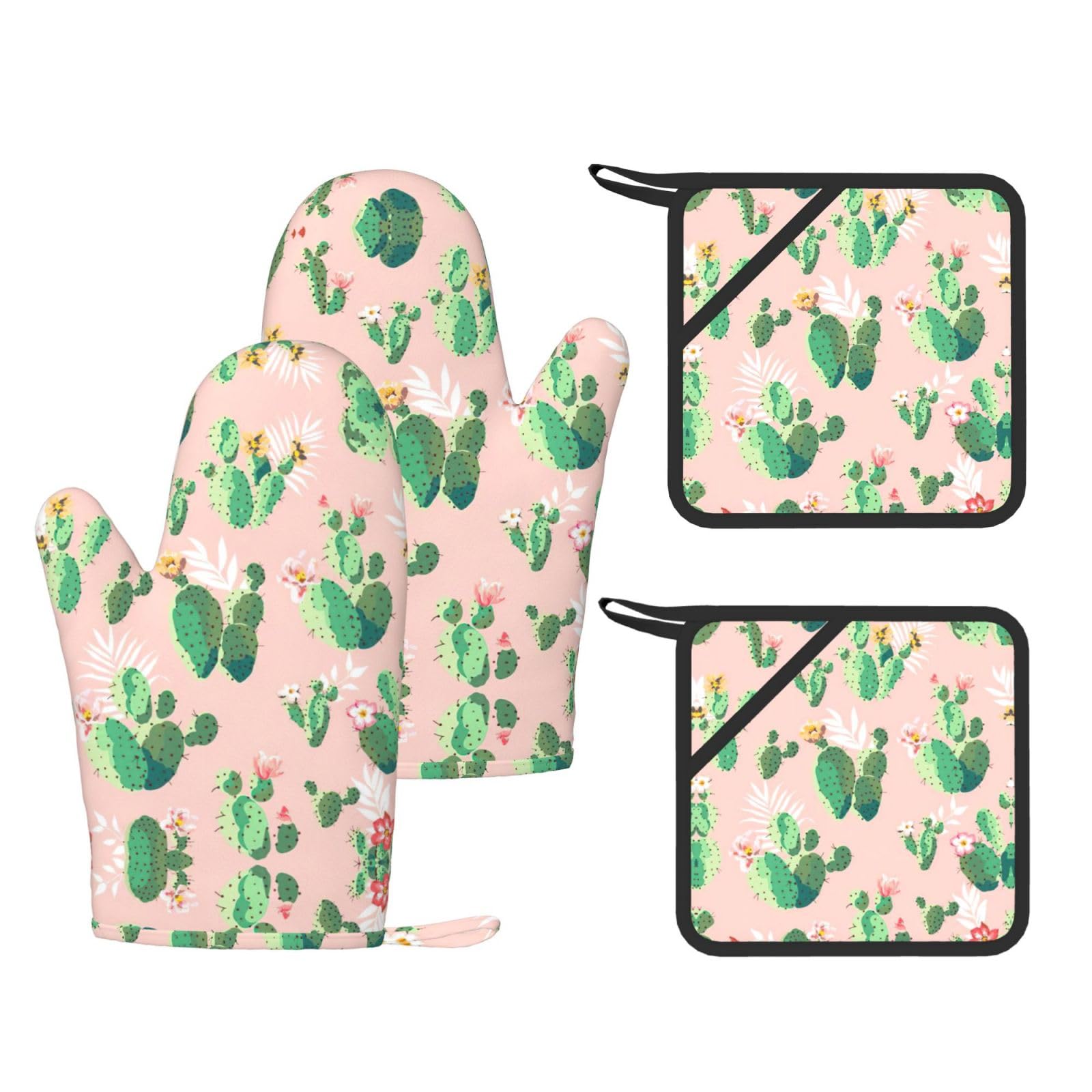 Eeprty Black Tropical Cactus Printed Kitchen Oven Gloves And Potholder 4 Pcs, Non-Slip Heat Resistant Mitts For Baking Chef