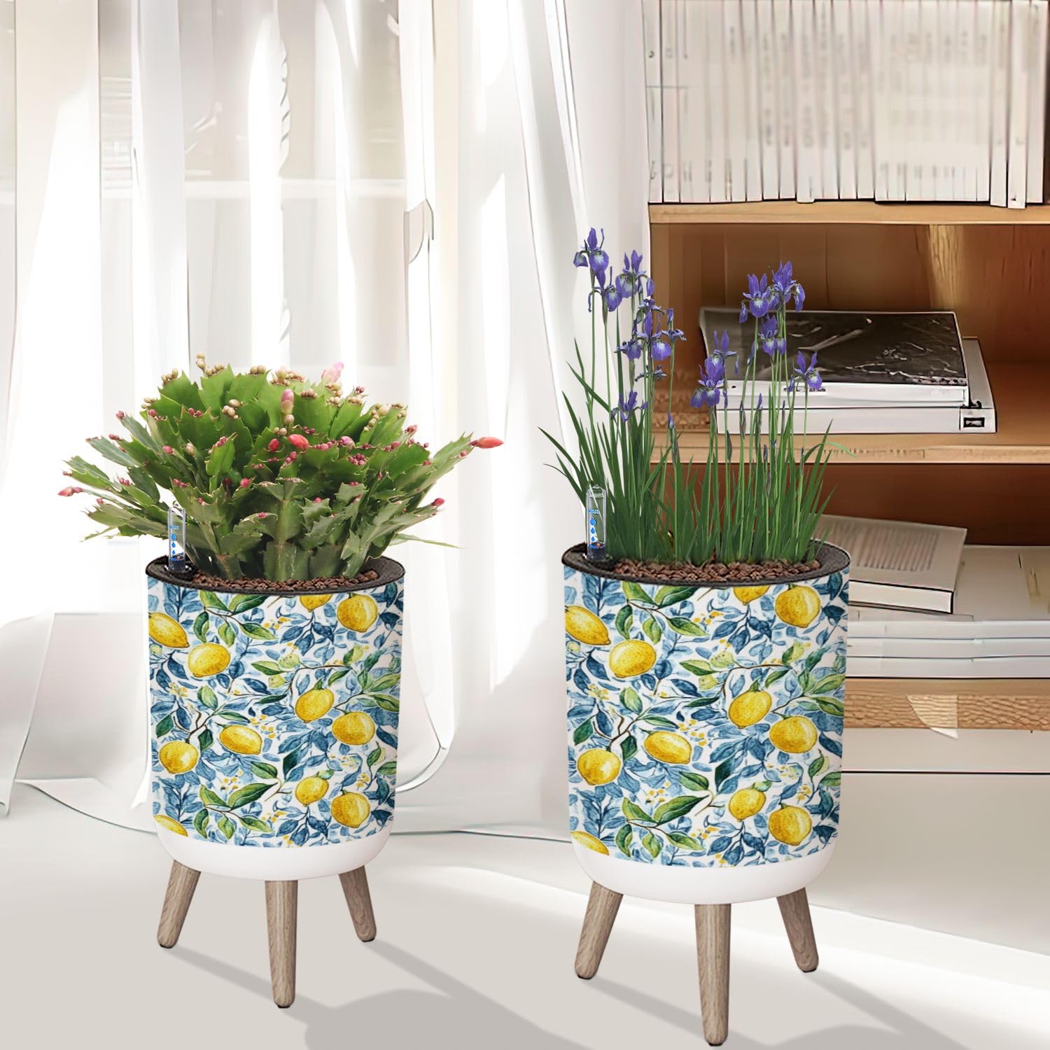 Übertopf mit Ständer, schönes nahtloses Muster, sizilianischer Stil, handgezeichnete Aquarell-Zitronen, 21,8 cm, selbstwässernder Blumentopf mit Beinen, Wasserstandsanzeige und Wassereinlass, fauler