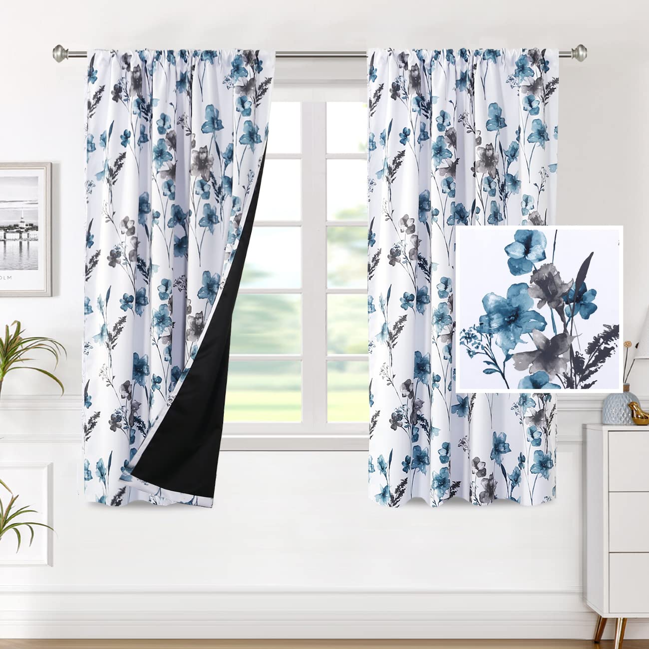 H.VERSAILTEX 100% Blackout Curtains for Bedroom Cattleya Floral Printed Drapes 63 Inches Long Leah Floral Pattern Full Light Blocking Drapes with Black Liner Rod Pocket 2 Panels, Grey/Blue