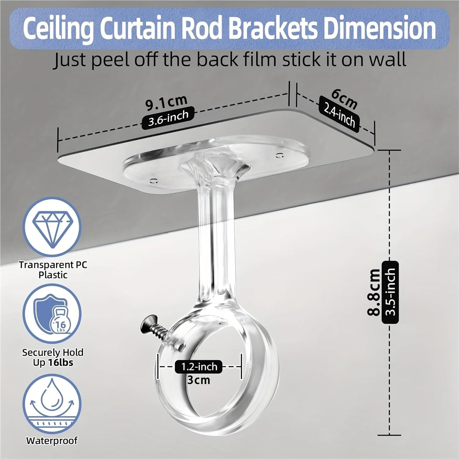 Lot de 6 supports de tringle à rideaux adhésifs lourds sans perçage - Hauteur réglable : 3 cm de diamètre - Pour salle de bain, balcon, cuisine