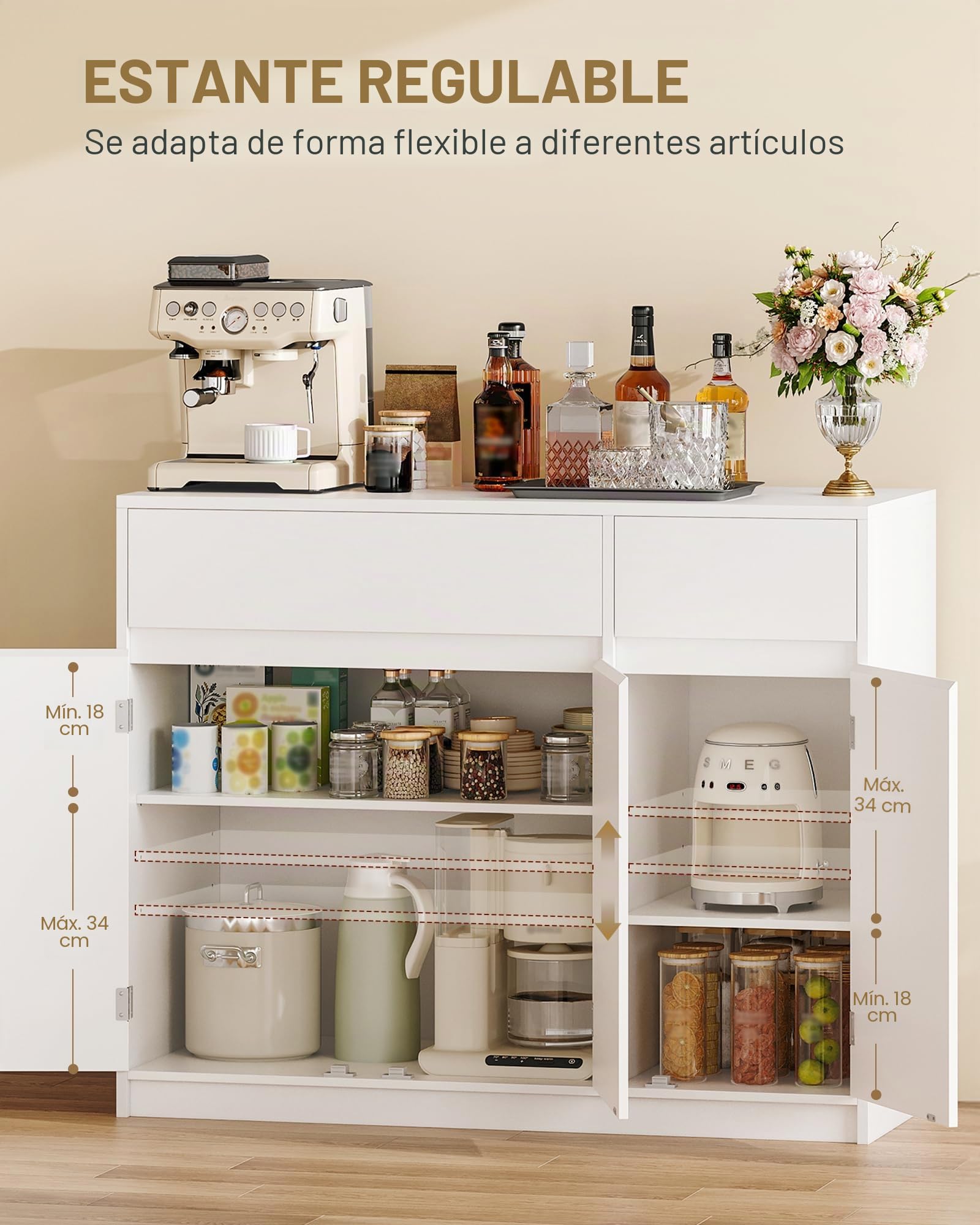 Hzuaneri Aparador, Armario de Almacenamiento, Aparador Cocina con con 2 Cajones y 3 Puertas, Estantes Ajustables, Estilo Moderno, 33 x 100 x 81,5 cm, para Cocina, Salón, Blanco SC32003X