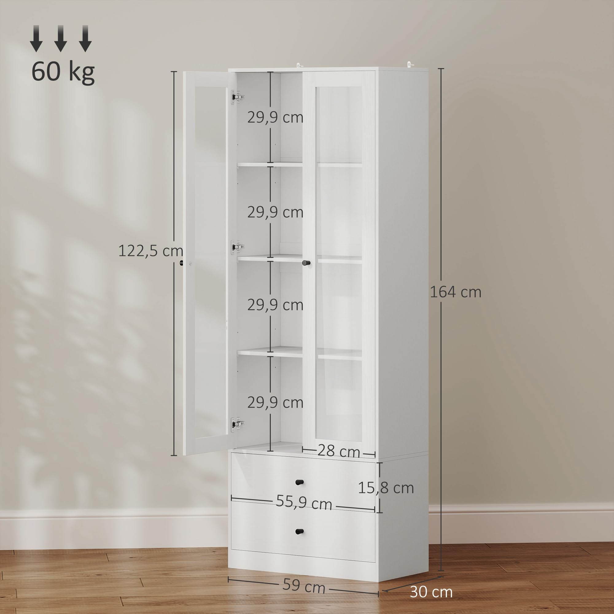 HOMCOM Meuble de Rangement Buffet Salon Placard 59 x 30 x 164 cm Blanc | Portes Vitrées, Étagères Réglables, 2 Tiroirs, Armoire de Rangement, Salon Cuisine Chambre