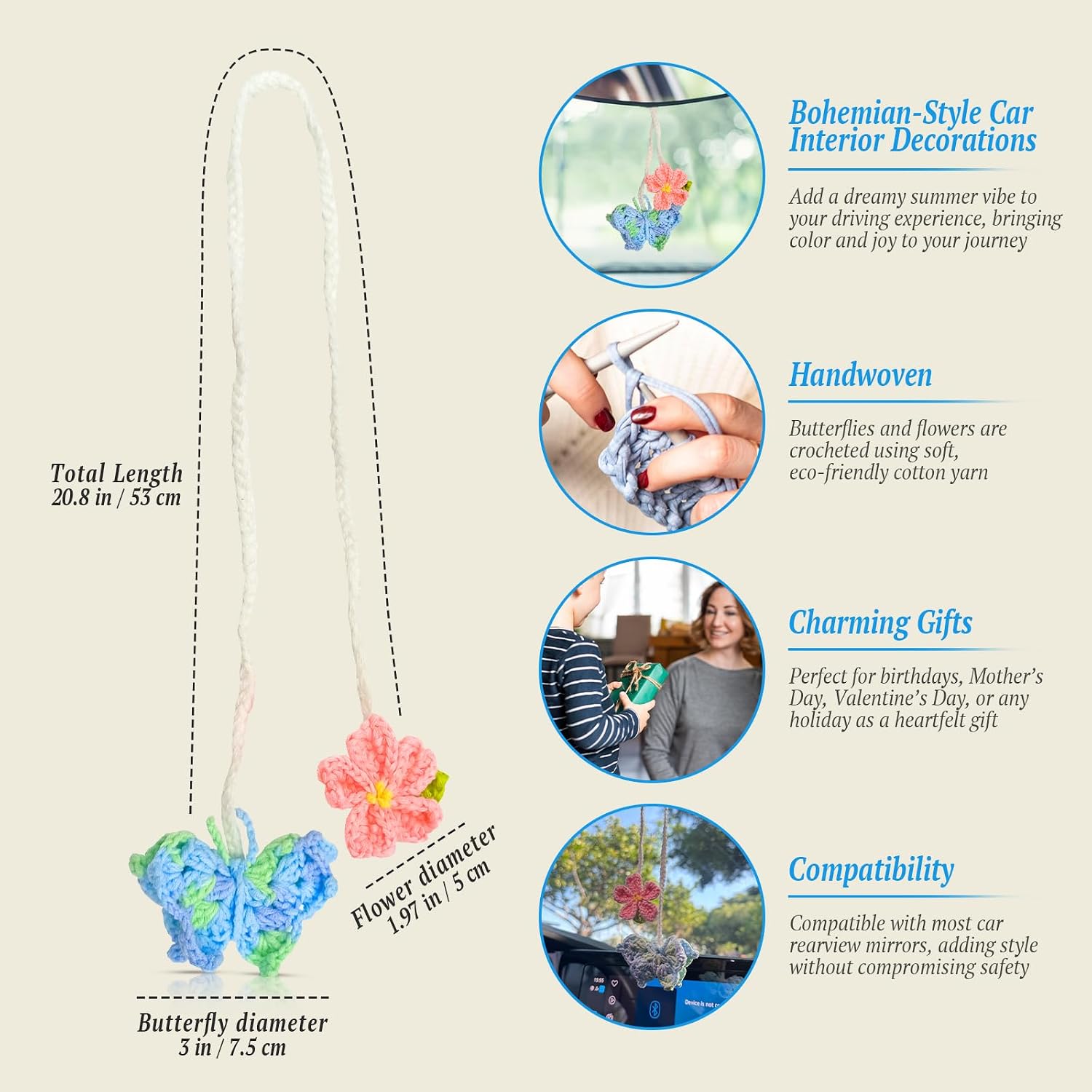 Handmade Crochet Butterfly & Flower Car Mirror Hanging Accessories – Cute Boho Cars Decor for Women, Girly Summer Vibes Rear View Mirror Charm, Floral Car Interior Ornament & Decoration Gift (Blue) image 4